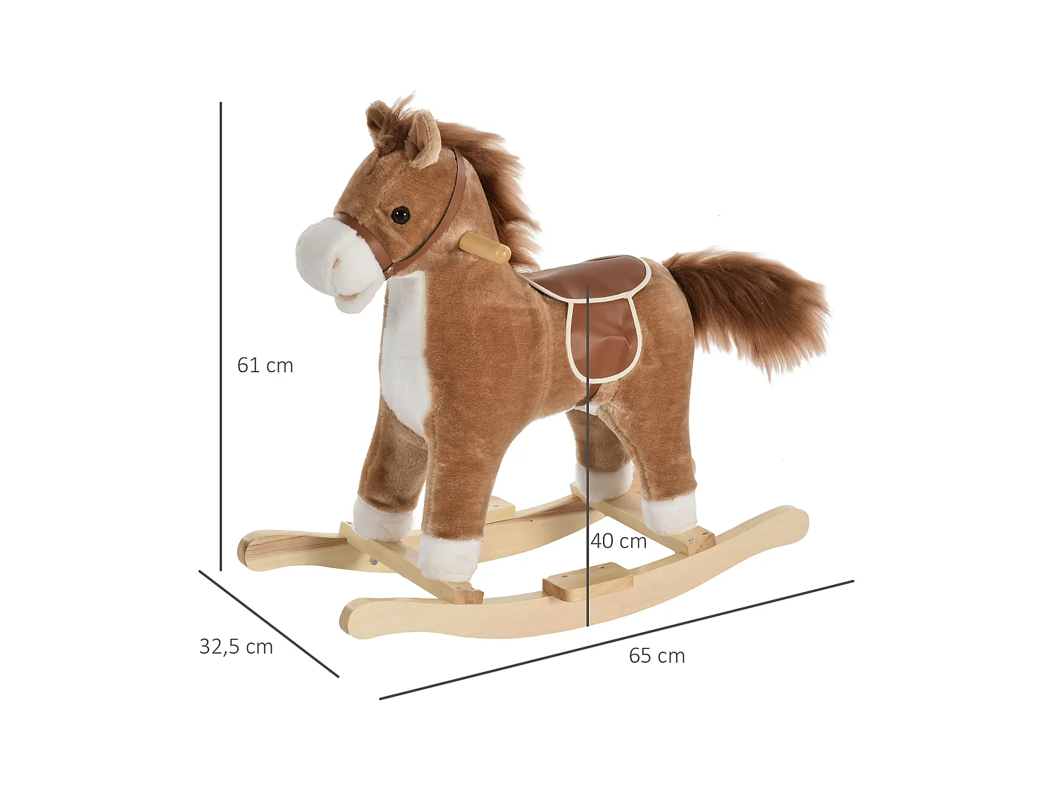 Cheval à bascule selle grand confort peluche courte douce bois peuplier brun dim. 65L x 32,5l x 61H cm