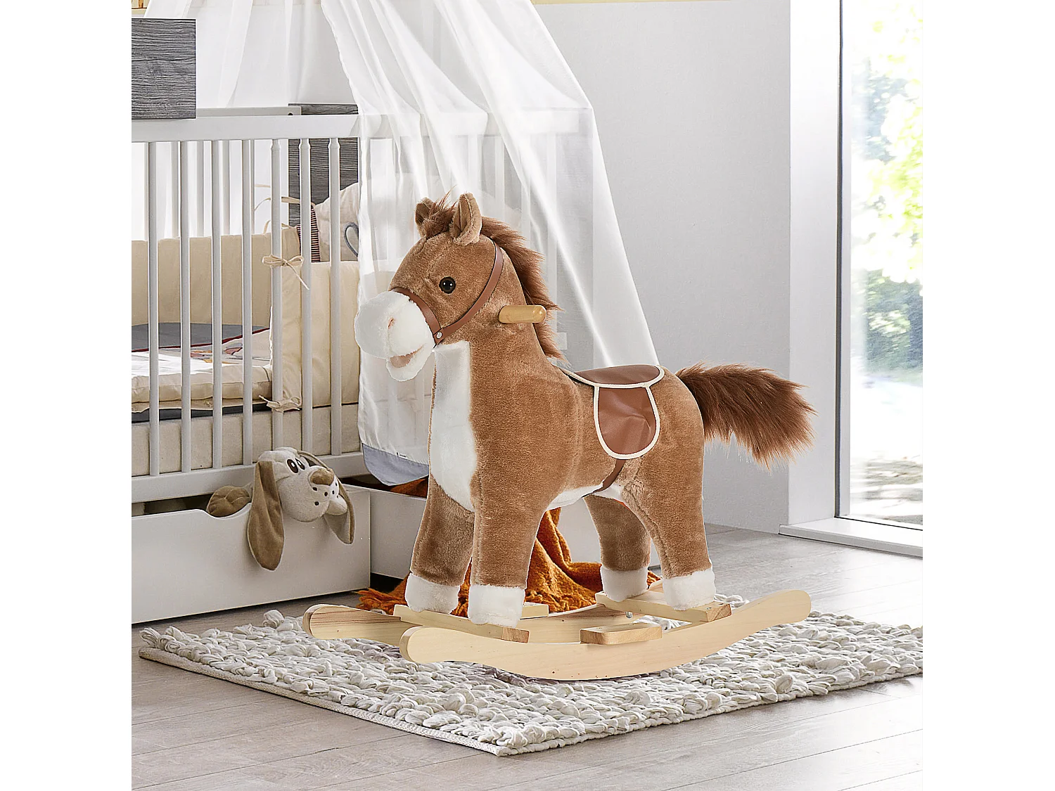 Cheval à bascule selle grand confort peluche courte douce bois peuplier brun dim. 65L x 32,5l x 61H cm