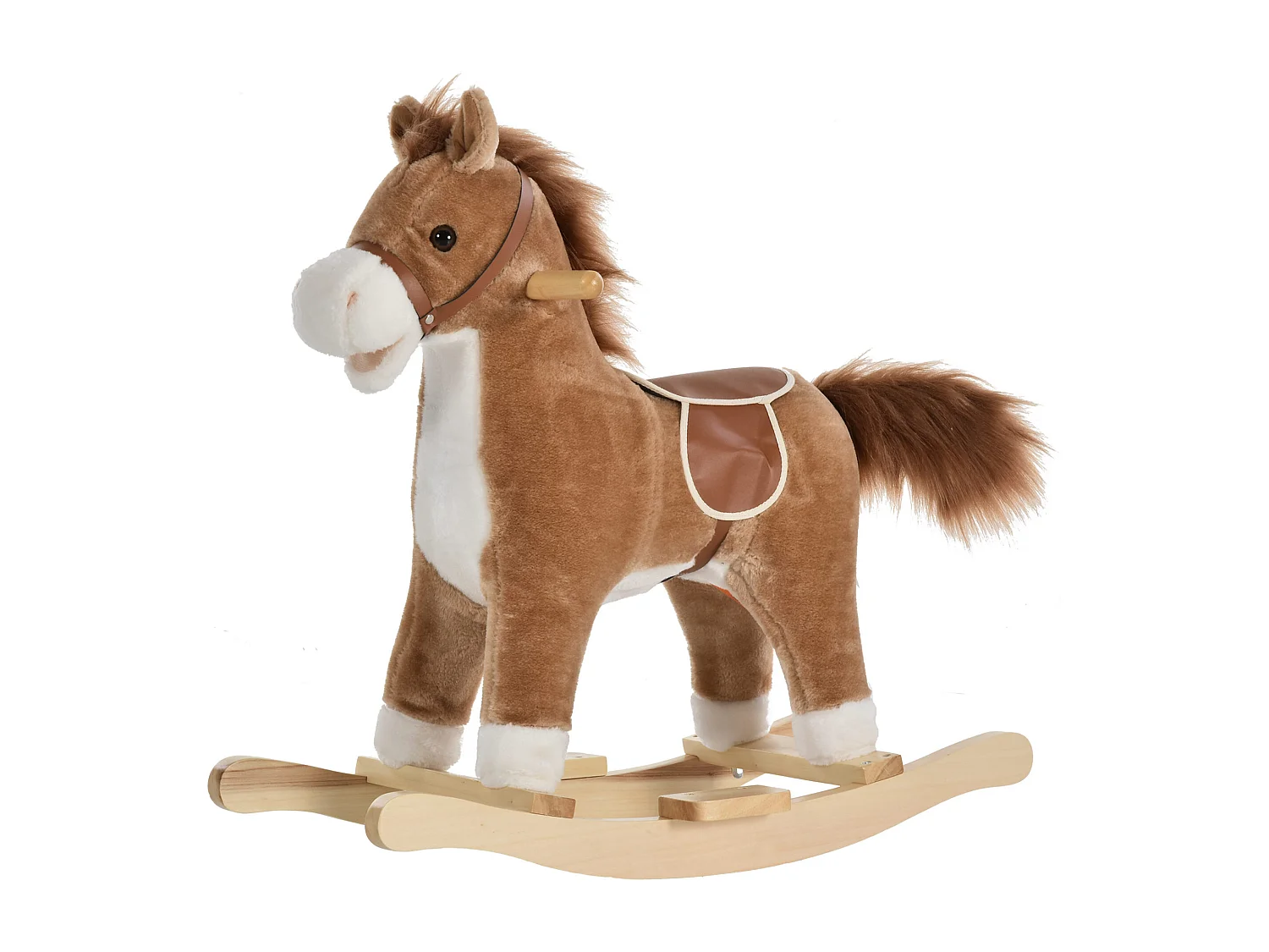 Cheval à bascule selle grand confort peluche courte douce bois peuplier brun dim. 65L x 32,5l x 61H cm
