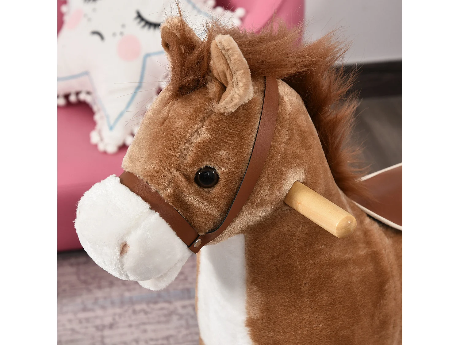 Cheval à bascule selle grand confort peluche courte douce bois peuplier brun dim. 65L x 32,5l x 61H cm