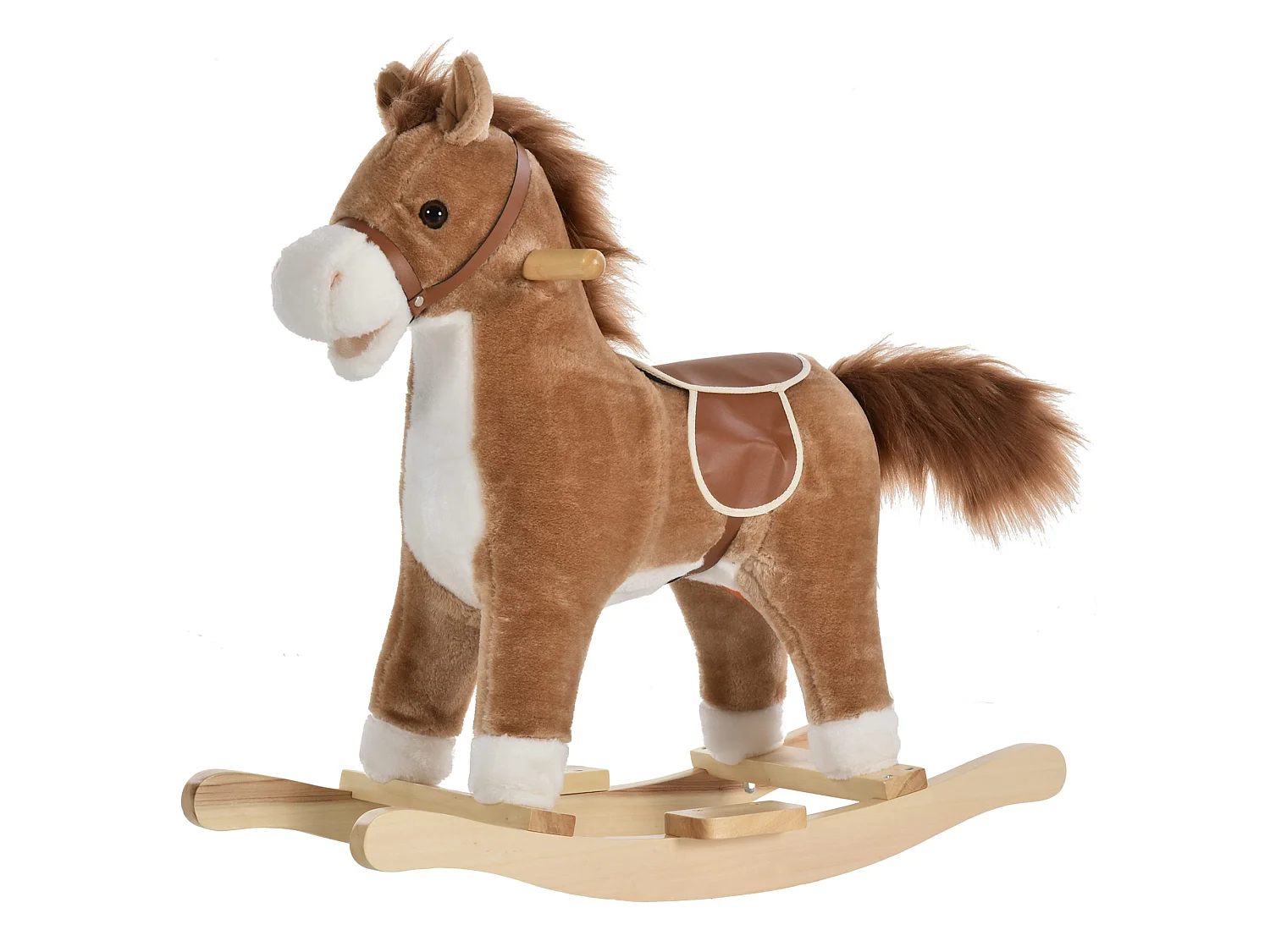 Cheval à bascule selle grand confort peluche courte douce bois peuplier brun dim. 65L x 32,5l x 61H cm