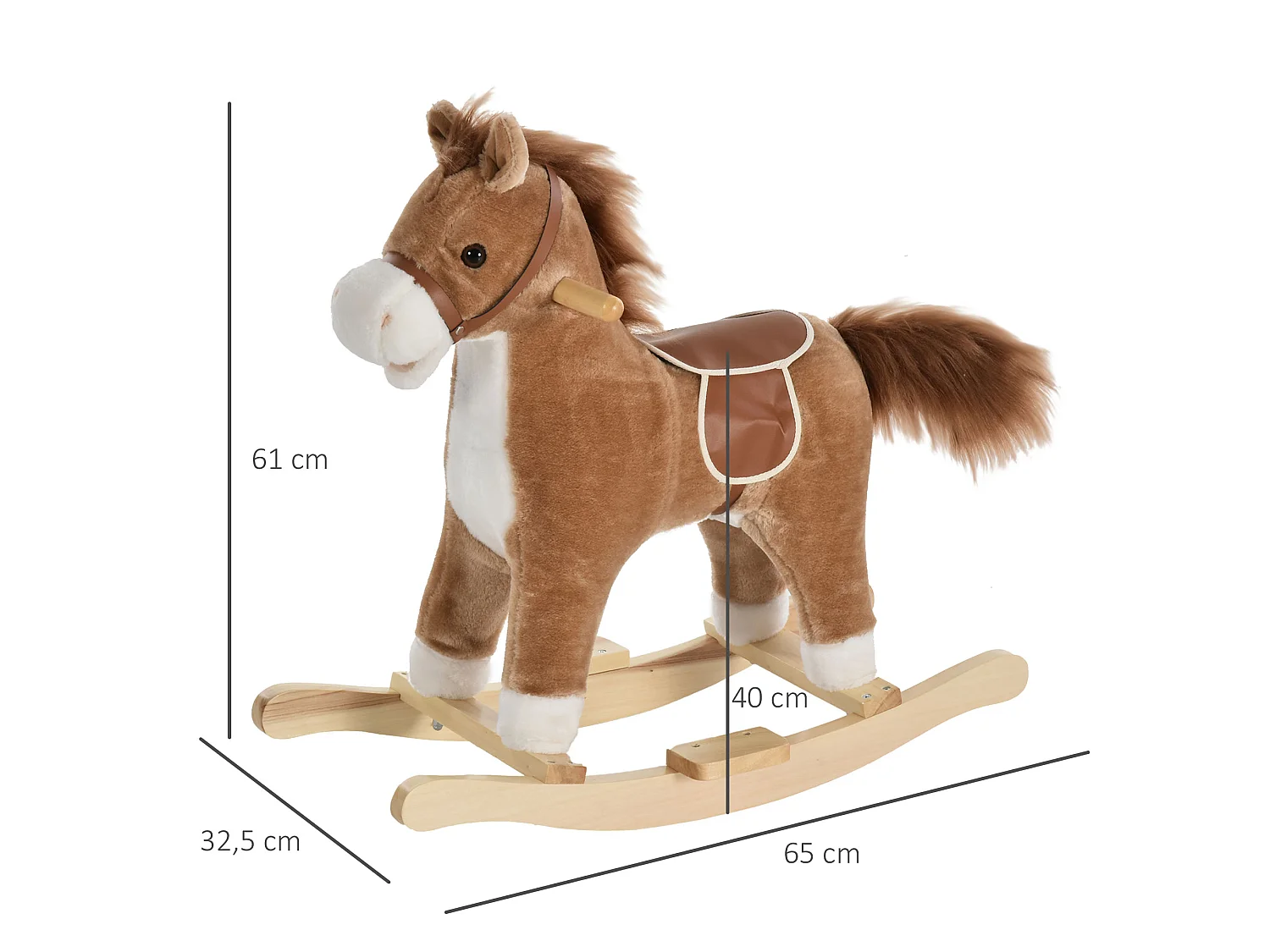 Cheval à bascule selle grand confort peluche courte douce bois peuplier brun dim. 65L x 32,5l x 61H cm