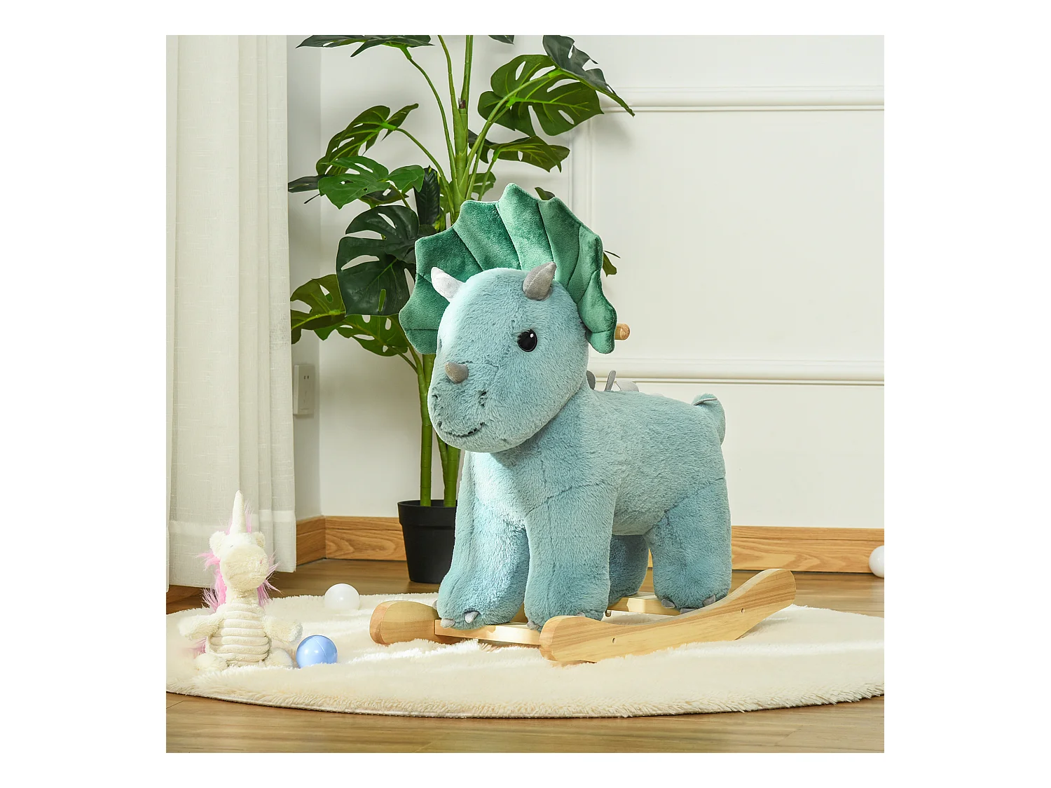 Jouet à bascule dinosaure effet sonore rugissement bois peuplier peluche courte polyester vert d'eau