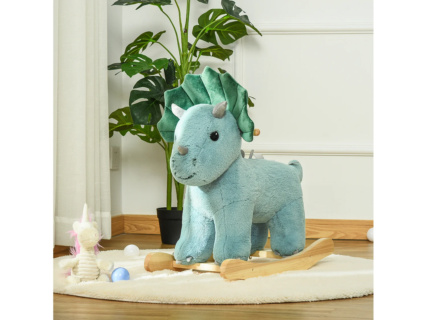 Jouet à bascule dinosaure effet sonore rugissement bois peuplier peluche courte polyester vert d'eau