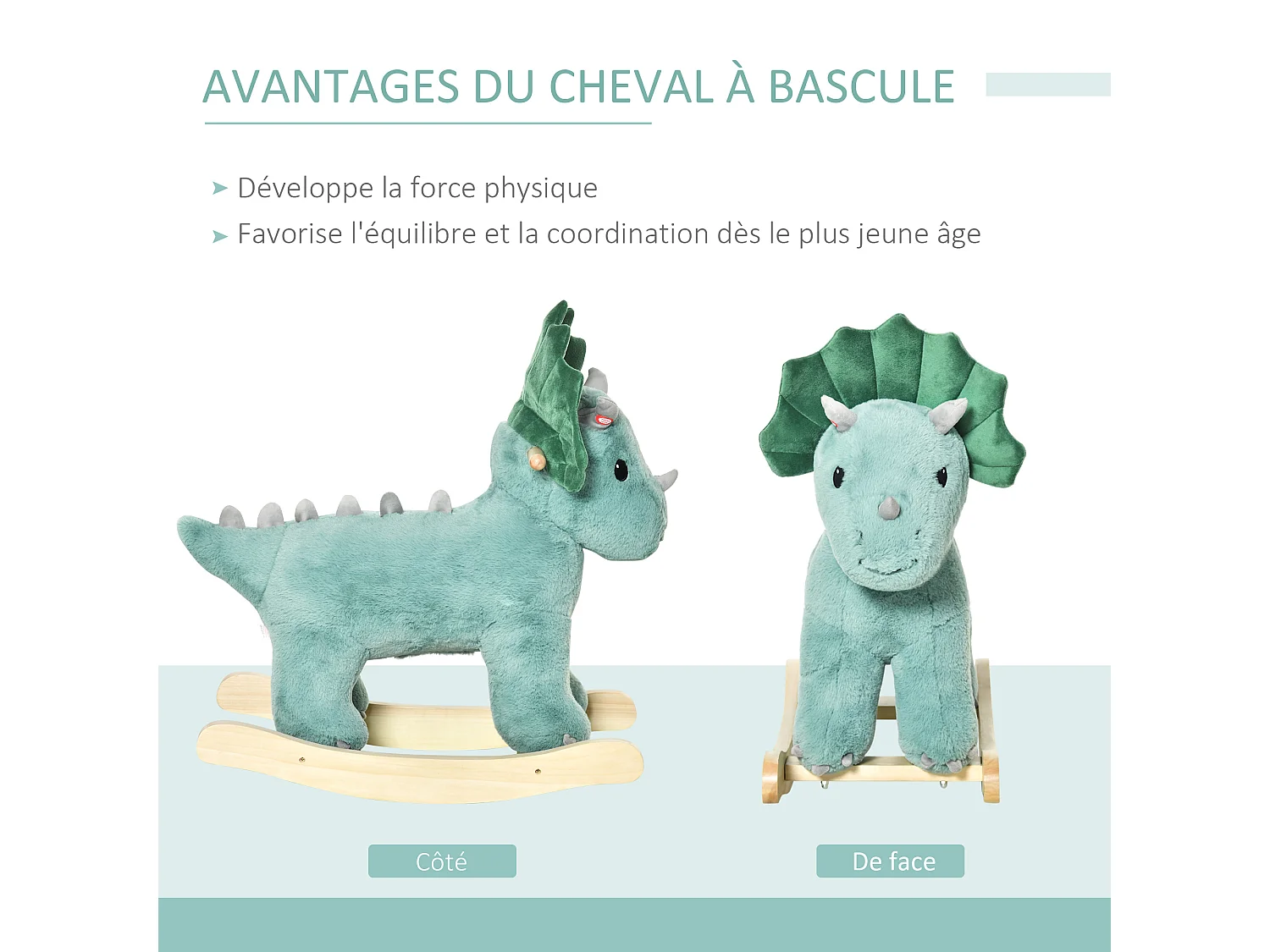 Jouet à bascule dinosaure effet sonore rugissement bois peuplier peluche courte polyester vert d'eau