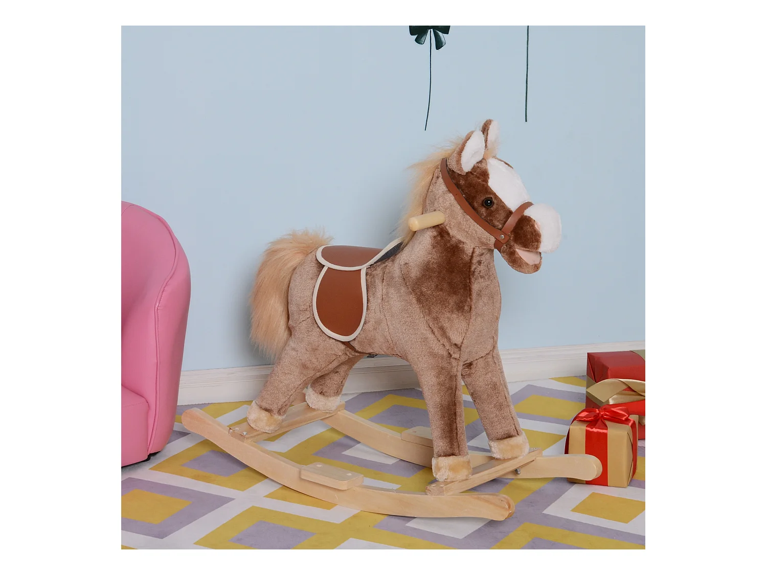 Cheval à bascule cheval de cowboy selle grand confort peluche courte douce bois peuplier brun blanc