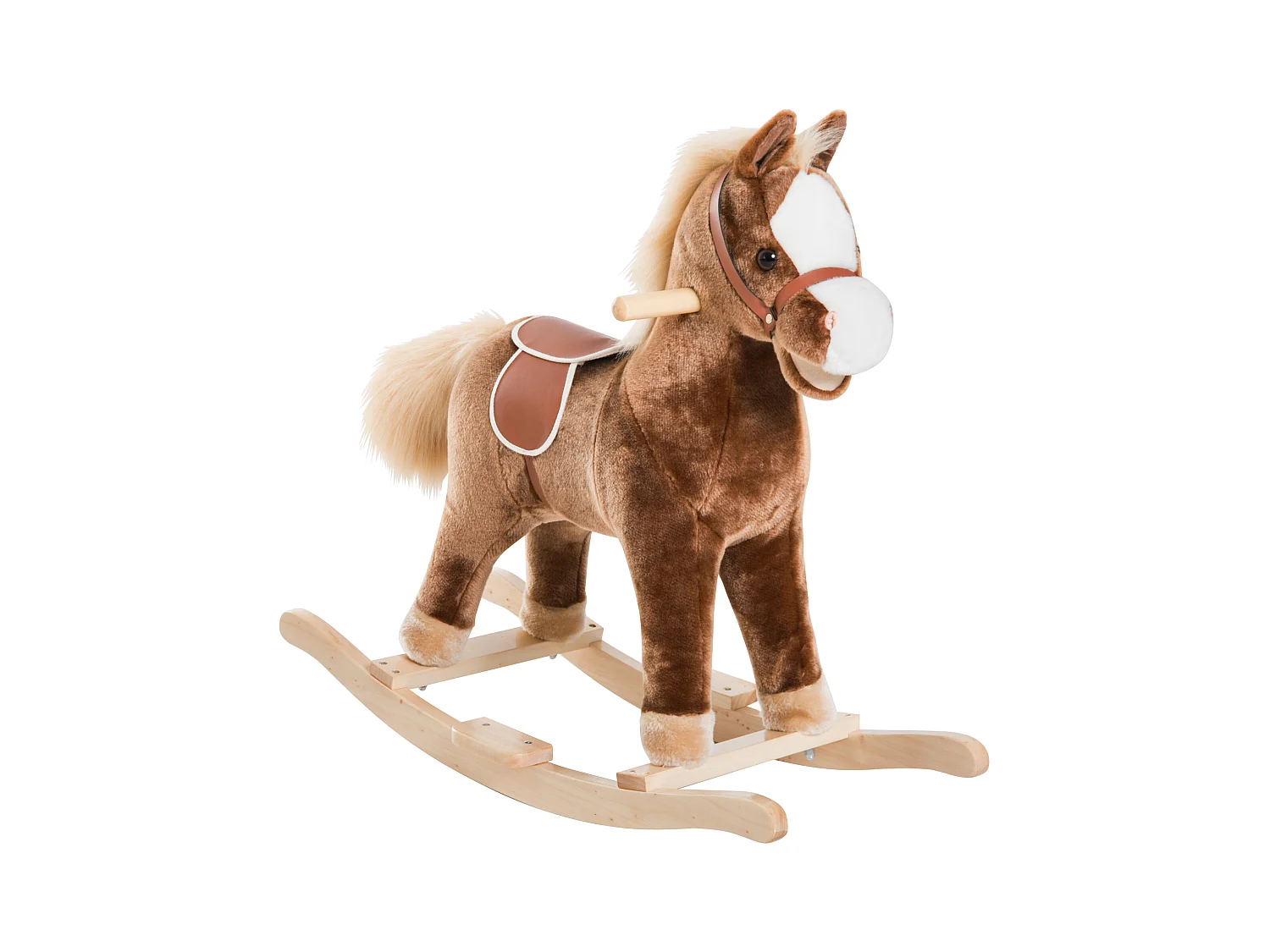 Cheval à bascule cheval de cowboy selle grand confort peluche courte douce bois peuplier brun blanc