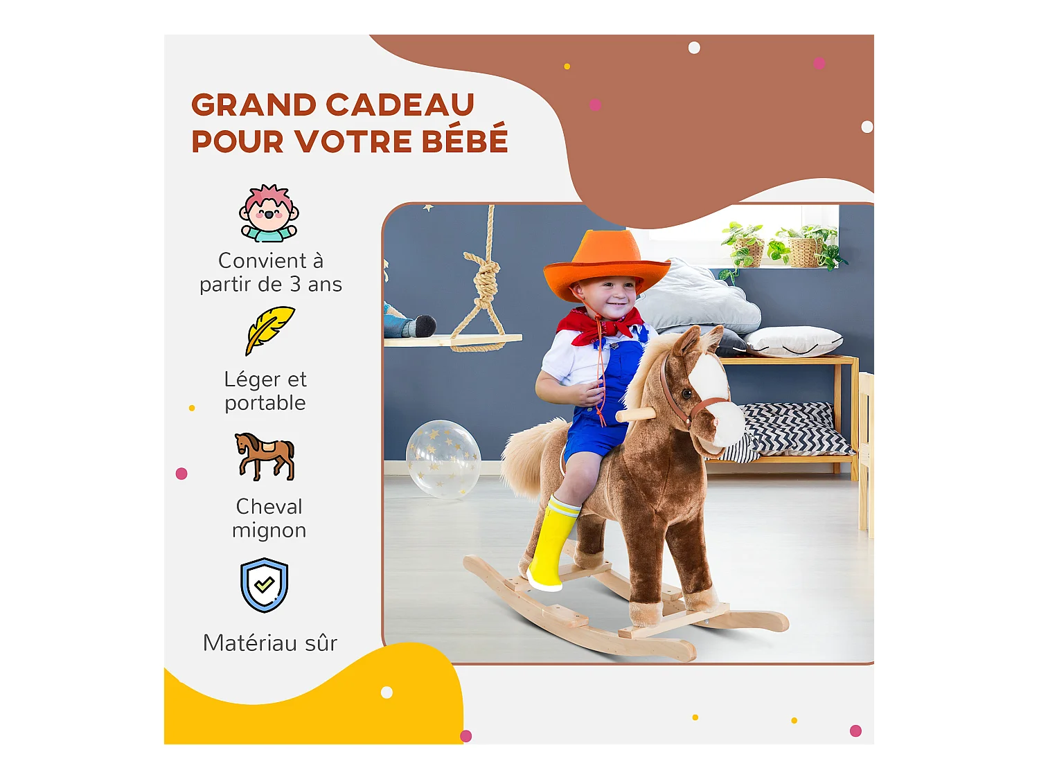 Cheval à bascule cheval de cowboy selle grand confort peluche courte douce bois peuplier brun blanc