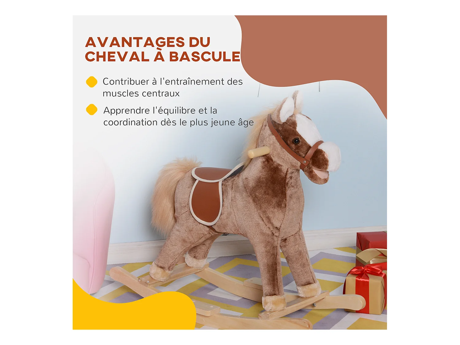 Cheval à bascule cheval de cowboy selle grand confort peluche courte douce bois peuplier brun blanc