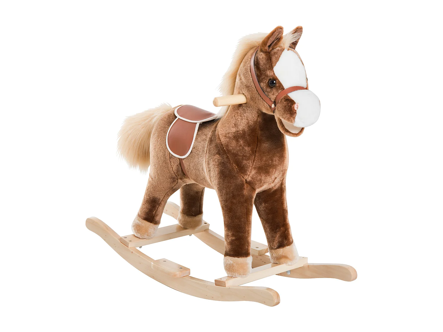 Cheval à bascule cheval de cowboy selle grand confort peluche courte douce bois peuplier brun blanc