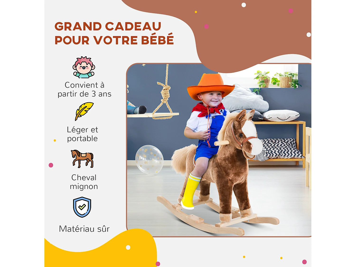 Cheval à bascule cheval de cowboy selle grand confort peluche courte douce bois peuplier brun blanc