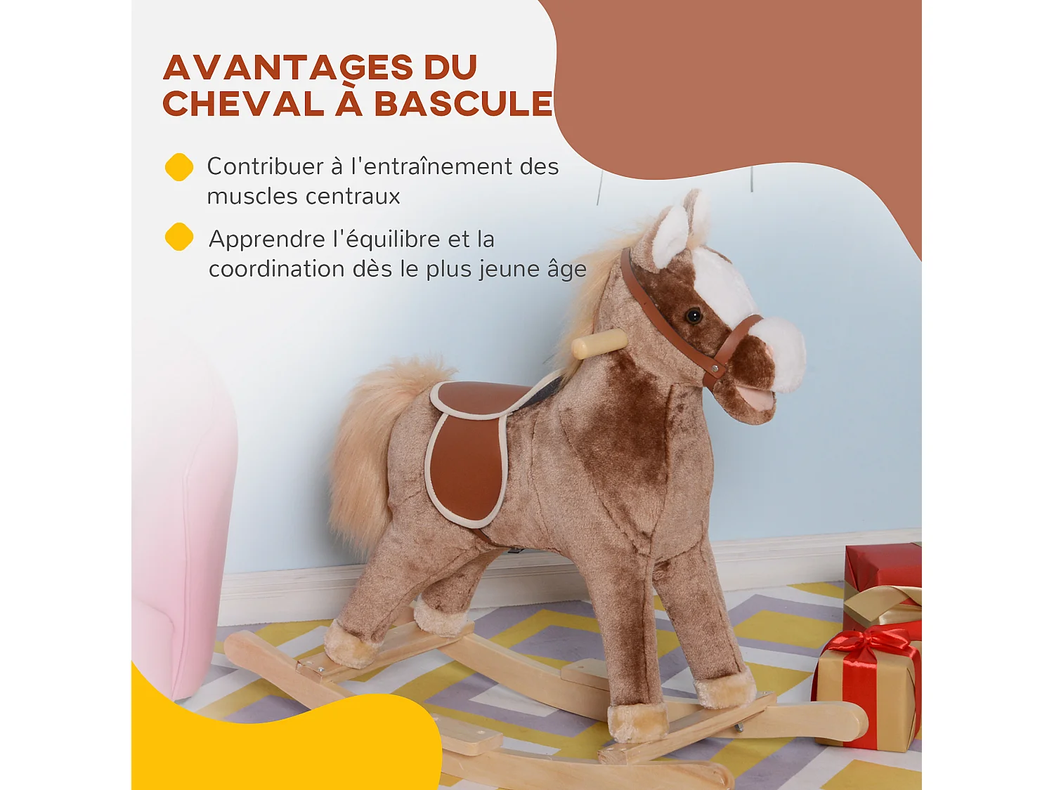 Cheval à bascule cheval de cowboy selle grand confort peluche courte douce bois peuplier brun blanc