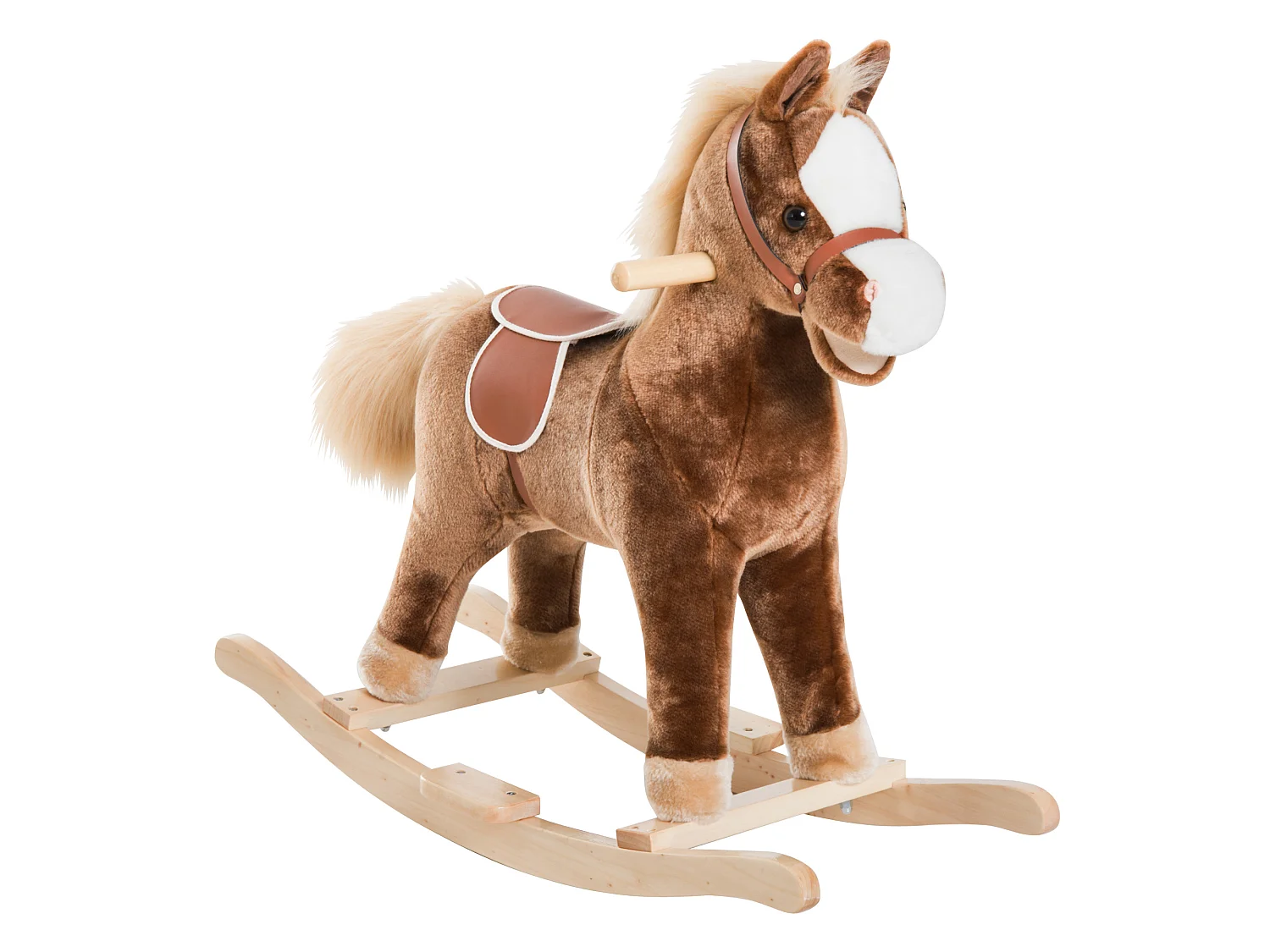 Cheval à bascule cheval de cowboy selle grand confort peluche courte douce bois peuplier brun blanc