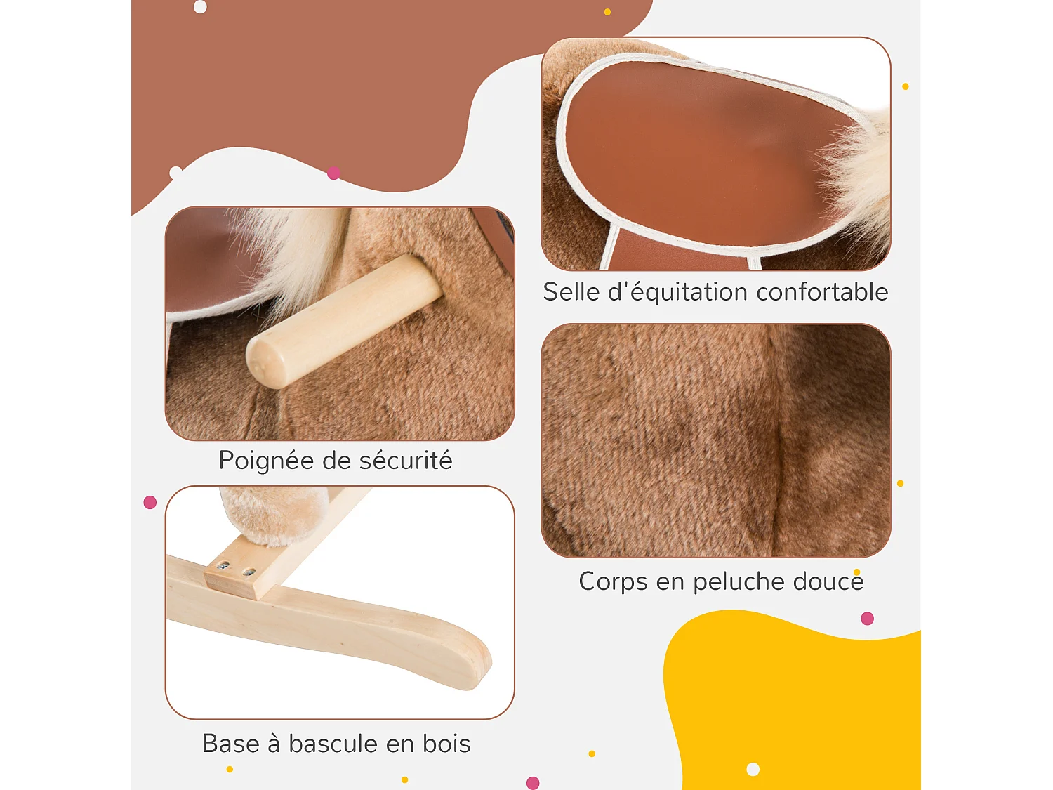 Cheval à bascule cheval de cowboy selle grand confort peluche courte douce bois peuplier brun blanc