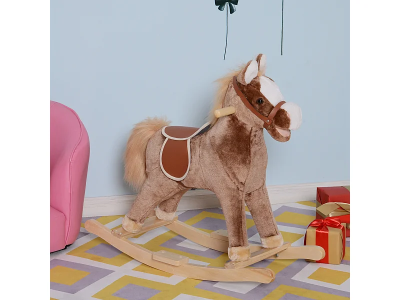 Cheval à bascule cheval de cowboy selle grand confort peluche courte douce bois peuplier brun blanc