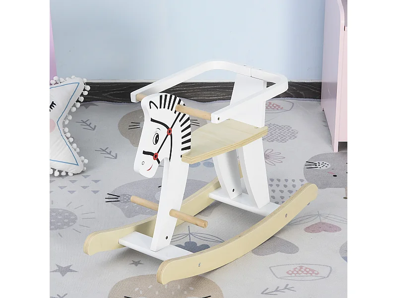 Cheval à bascule zèbre - cheval à bascule en bois - jeu à bascule bois - poignées repose-pied anneau de sécurité