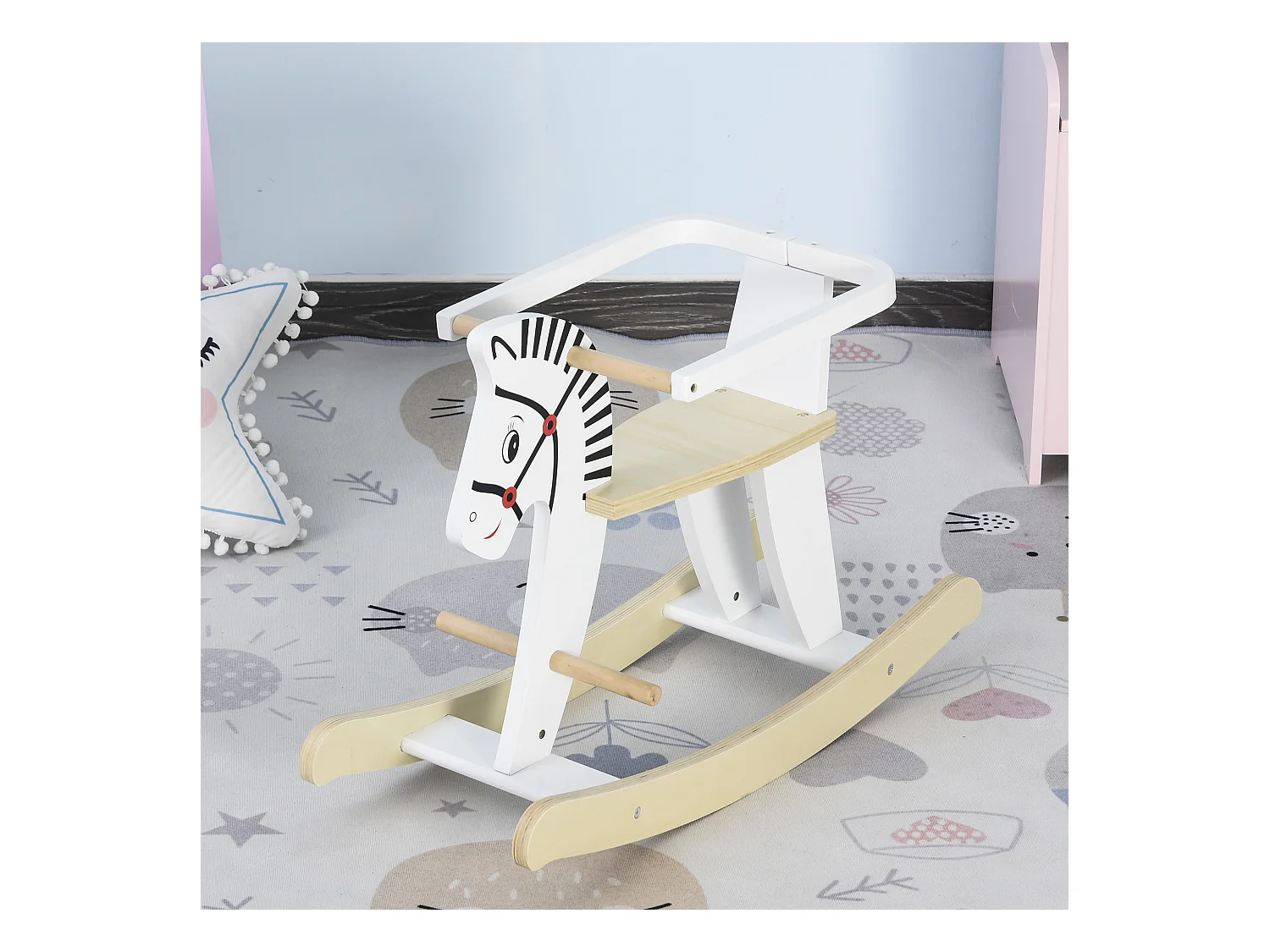 Cheval à bascule zèbre - cheval à bascule en bois - jeu à bascule bois - poignées repose-pied anneau de sécurité