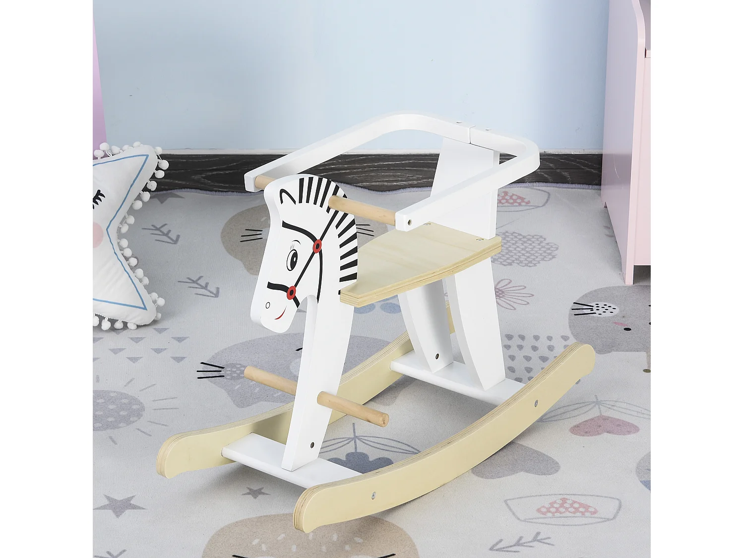 Cheval à bascule zèbre - cheval à bascule en bois - jeu à bascule bois - poignées repose-pied anneau de sécurité