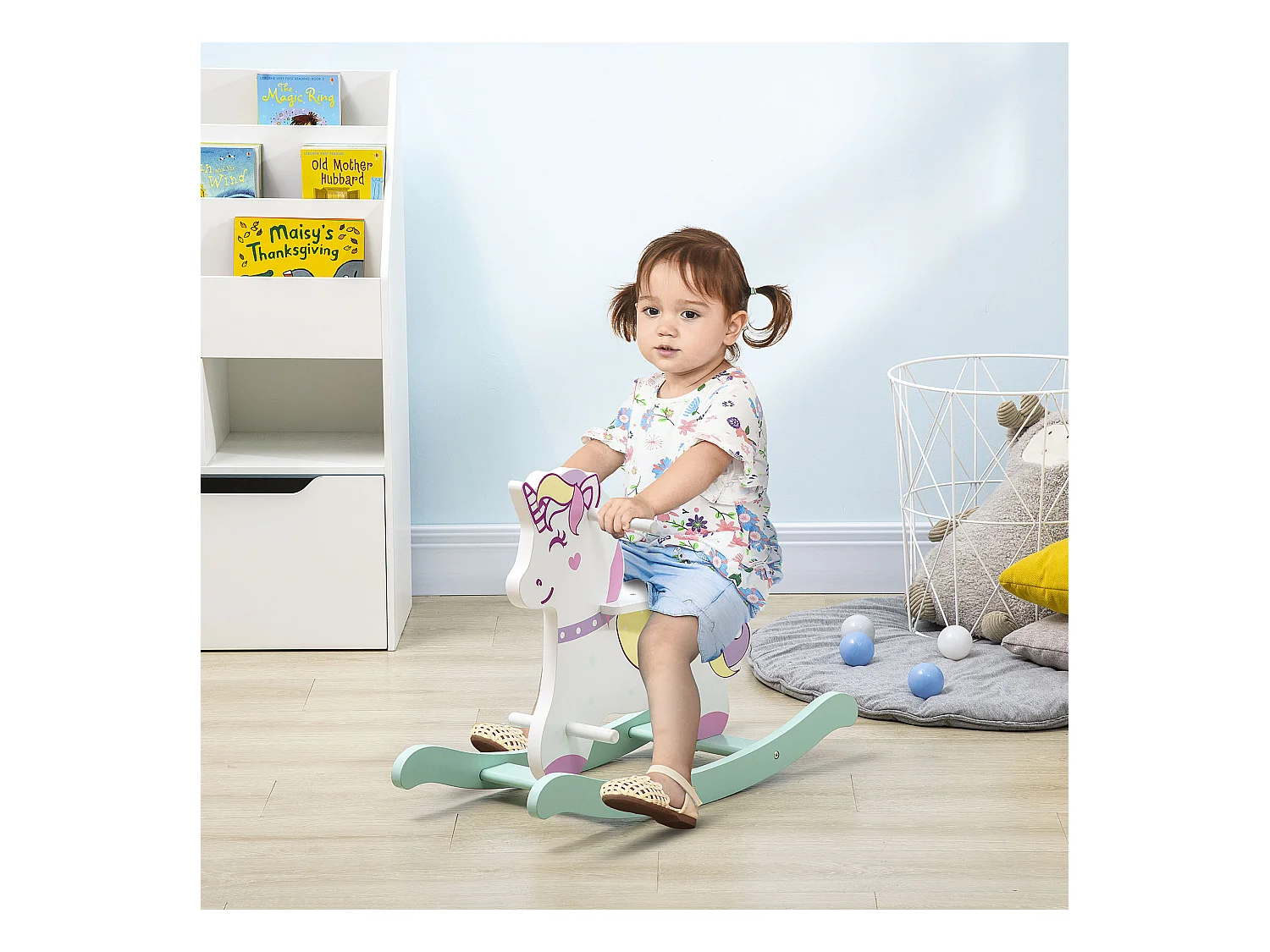Cheval à bascule licorne en bois - jeu à bascule bois - poignées repose-pied butées - MDF blanc vert rose
