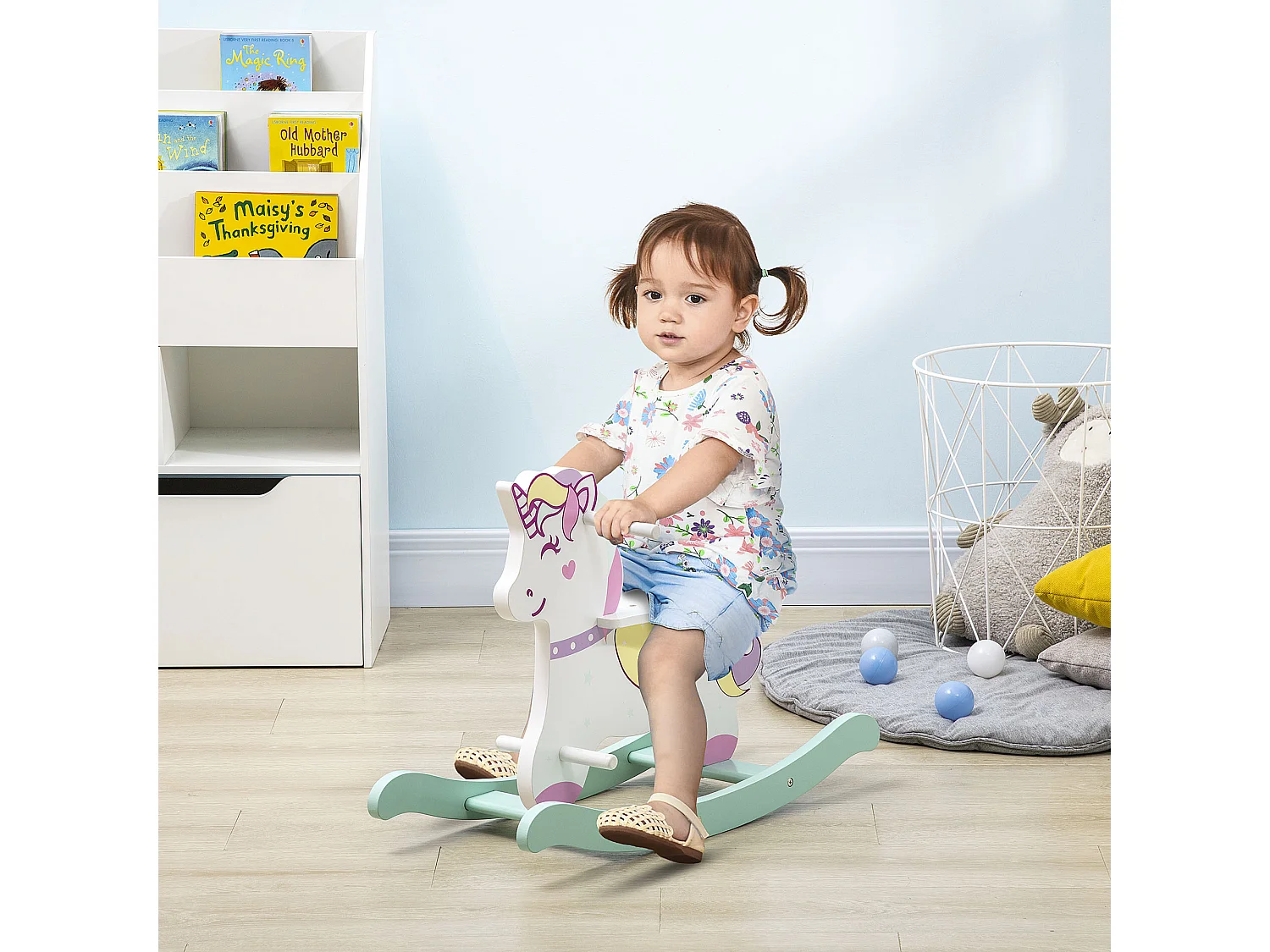 Cheval à bascule licorne en bois - jeu à bascule bois - poignées repose-pied butées - MDF blanc vert rose