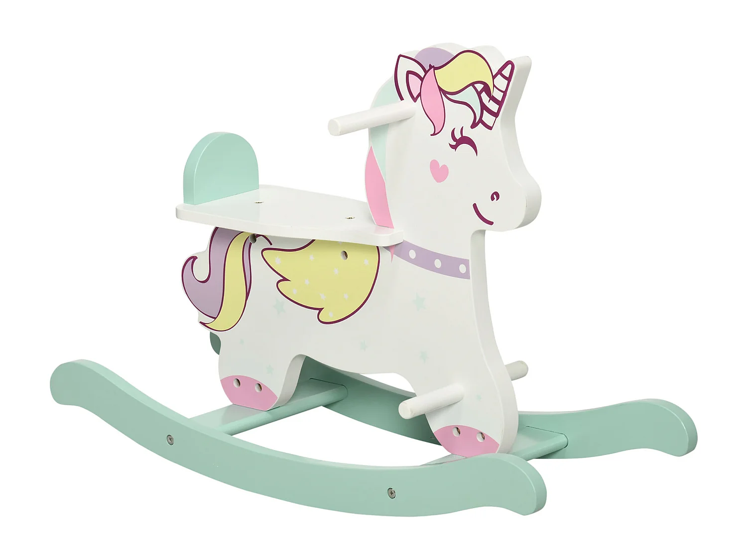 Cheval à bascule licorne en bois - jeu à bascule bois - poignées repose-pied butées - MDF blanc vert rose