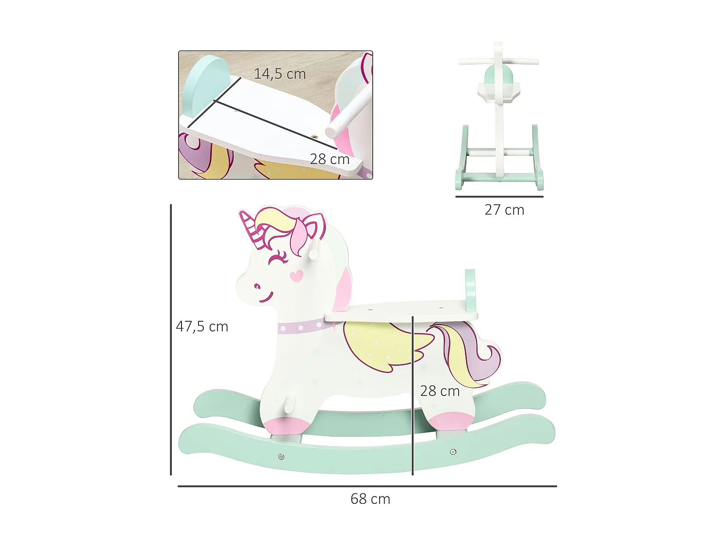 Cheval à bascule licorne en bois - jeu à bascule bois - poignées repose-pied butées - MDF blanc vert rose