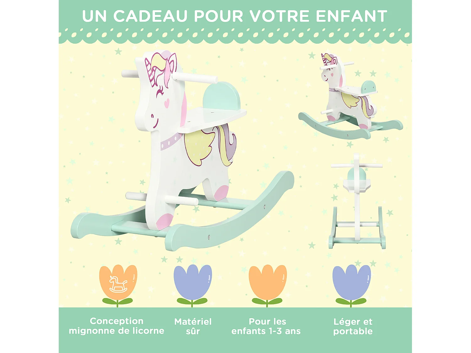 Cheval à bascule licorne en bois - jeu à bascule bois - poignées repose-pied butées - MDF blanc vert rose