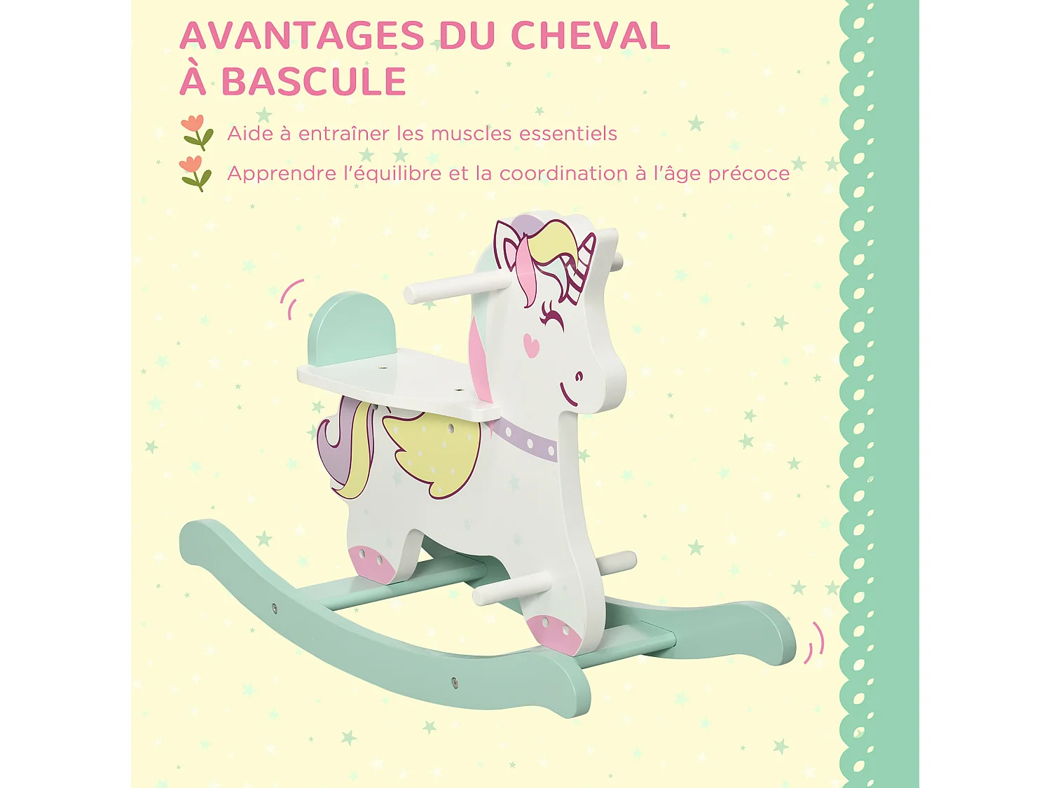 Cheval à bascule licorne en bois - jeu à bascule bois - poignées repose-pied butées - MDF blanc vert rose
