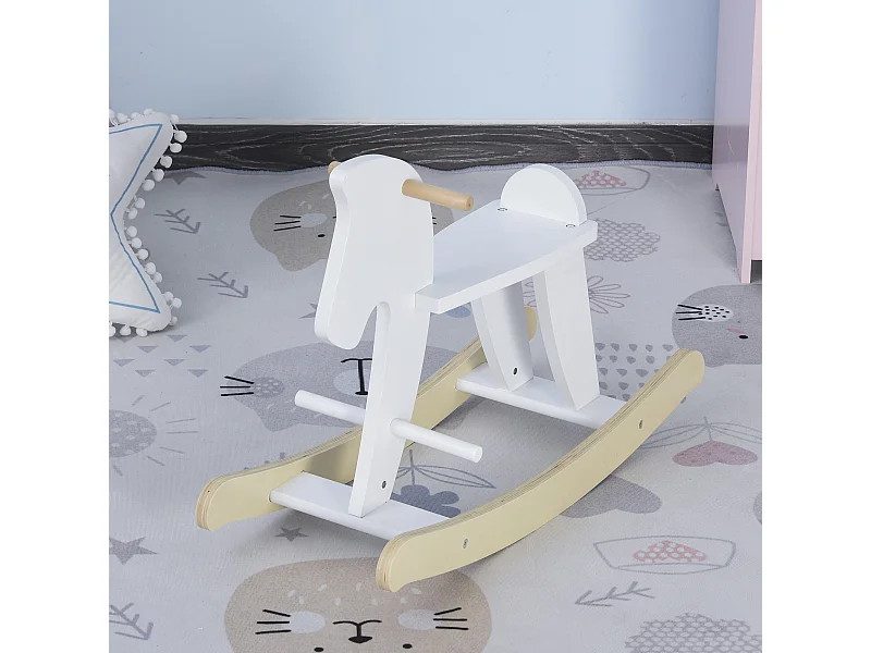 Cheval à bascule en bois - jeu à bascule bois - poignées repose-pied butées - MDF contreplaqué blanc bois naturel