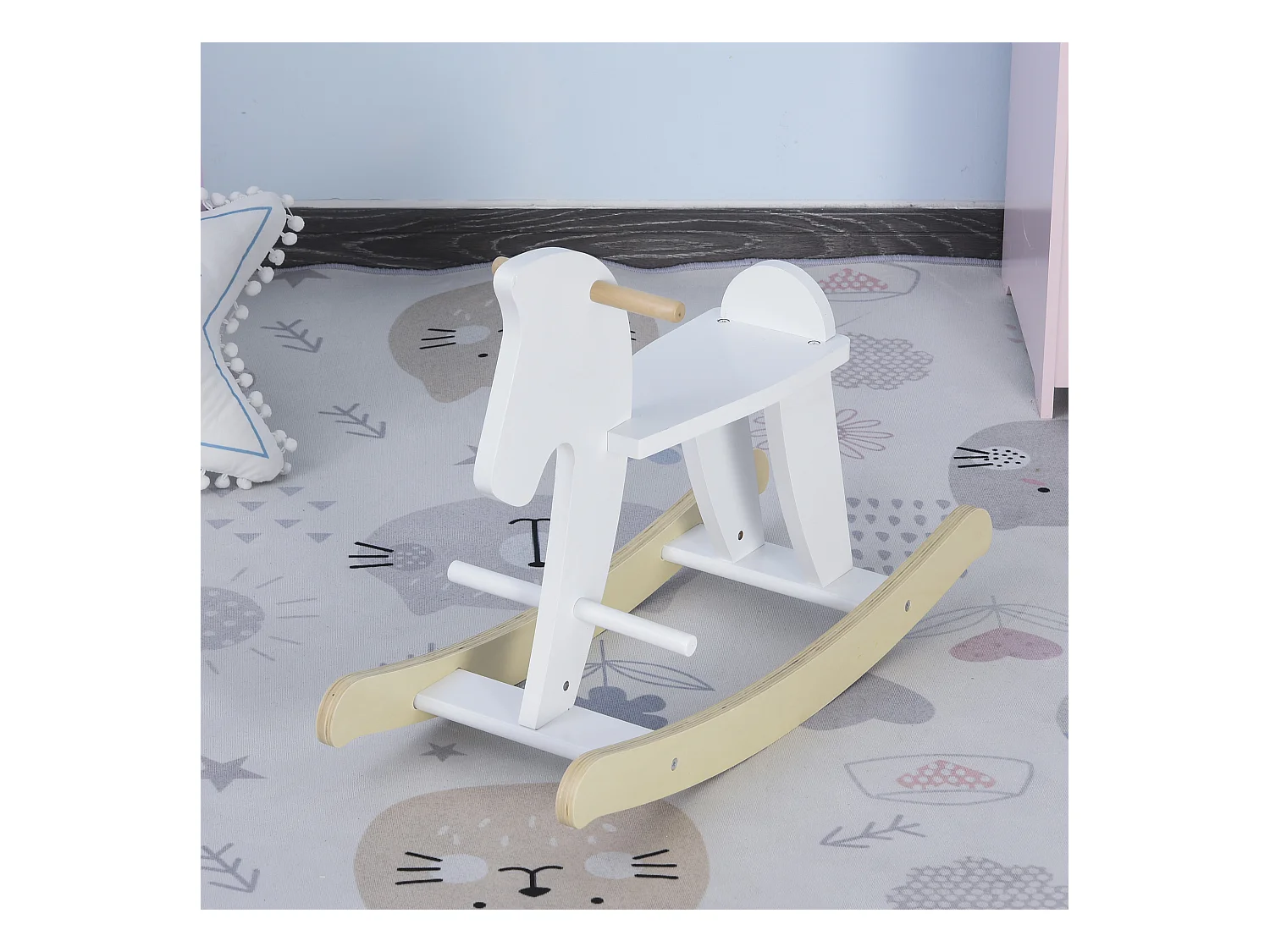 Cheval à bascule en bois - jeu à bascule bois - poignées repose-pied butées - MDF contreplaqué blanc bois naturel