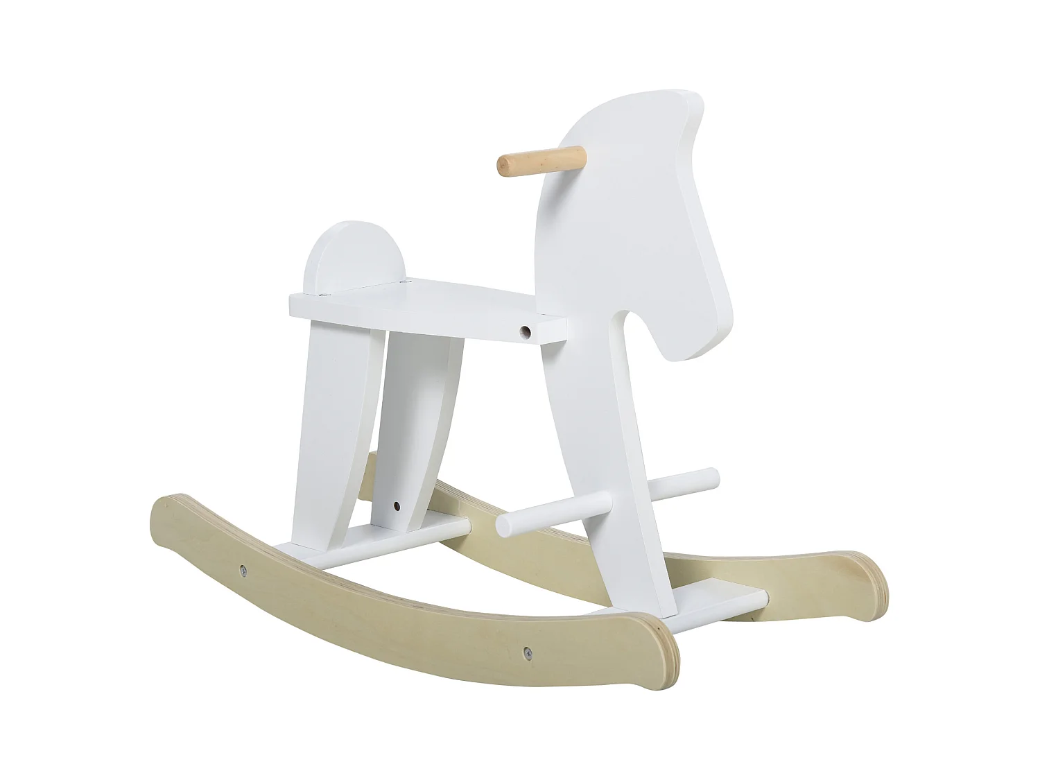 Cheval à bascule en bois - jeu à bascule bois - poignées repose-pied butées - MDF contreplaqué blanc bois naturel