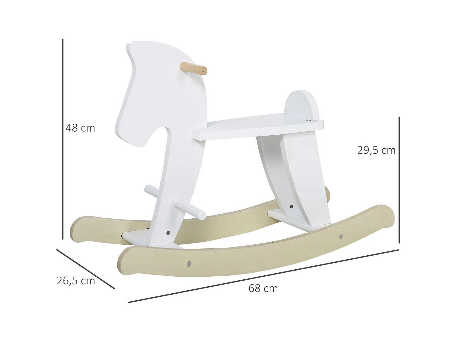 Cheval à bascule en bois - jeu à bascule bois - poignées repose-pied butées - MDF contreplaqué blanc bois naturel