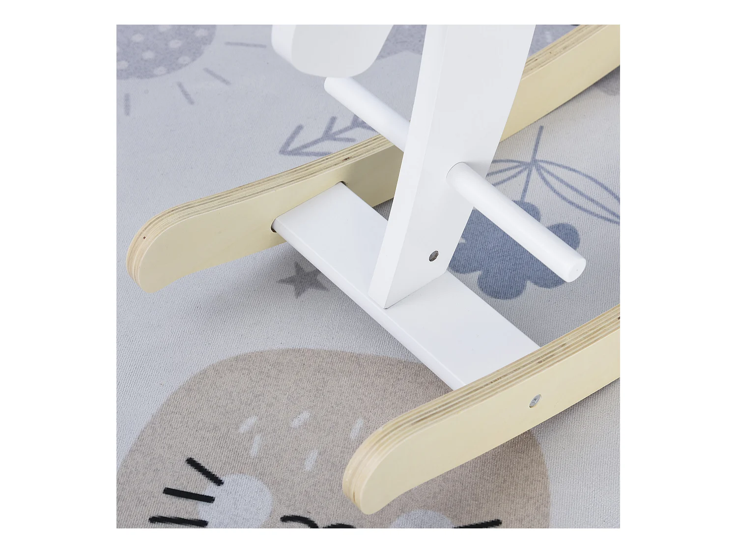 Cheval à bascule en bois - jeu à bascule bois - poignées repose-pied butées - MDF contreplaqué blanc bois naturel