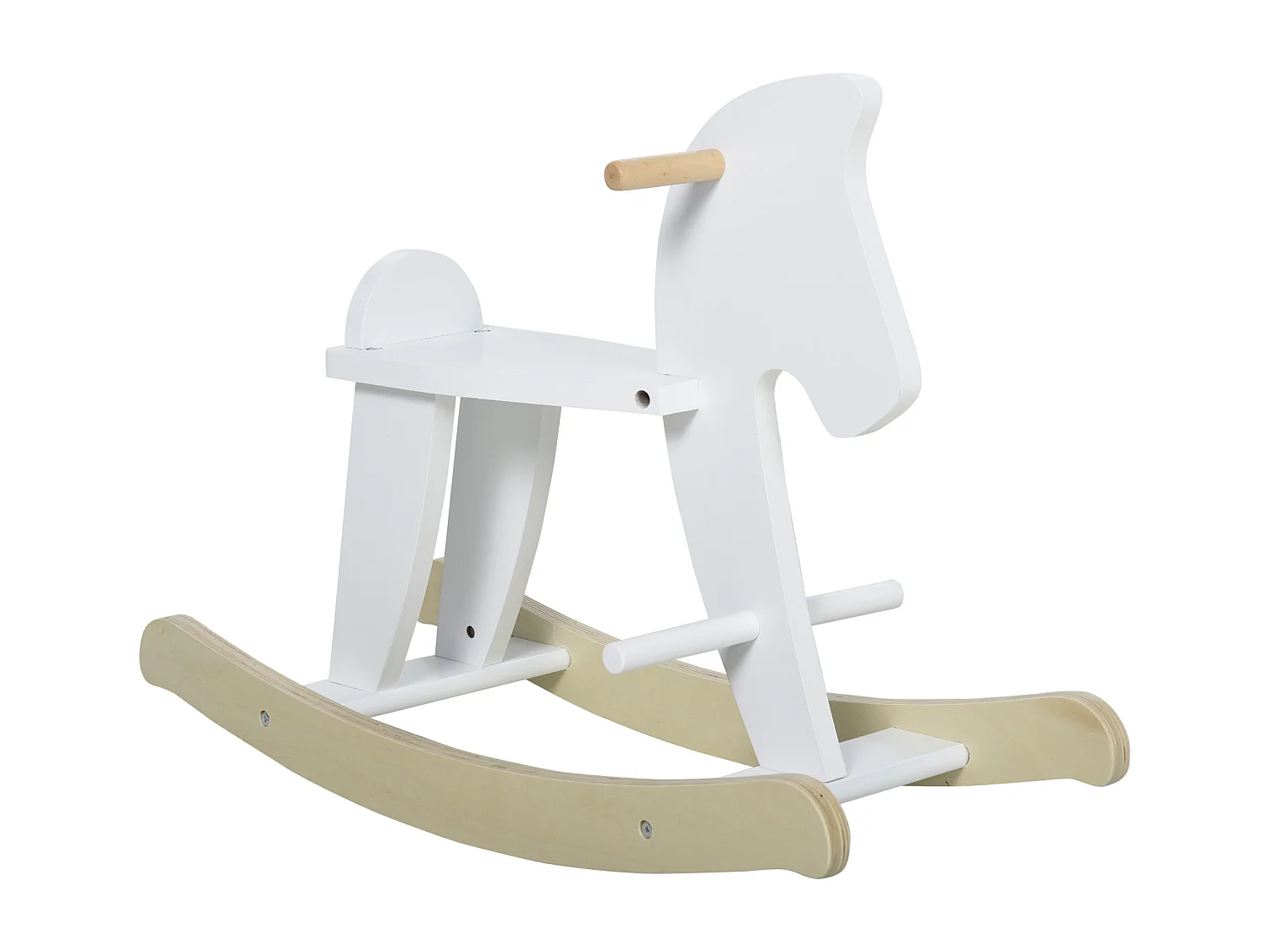 Cheval à bascule en bois - jeu à bascule bois - poignées repose-pied butées - MDF contreplaqué blanc bois naturel