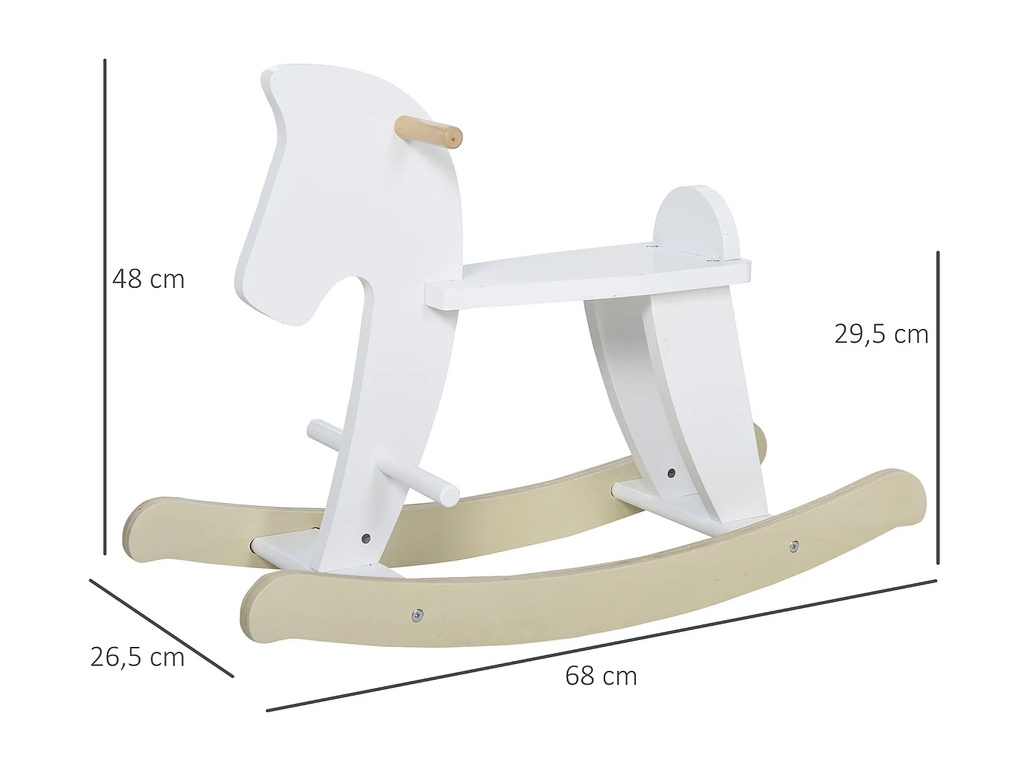 Cheval à bascule en bois - jeu à bascule bois - poignées repose-pied butées - MDF contreplaqué blanc bois naturel