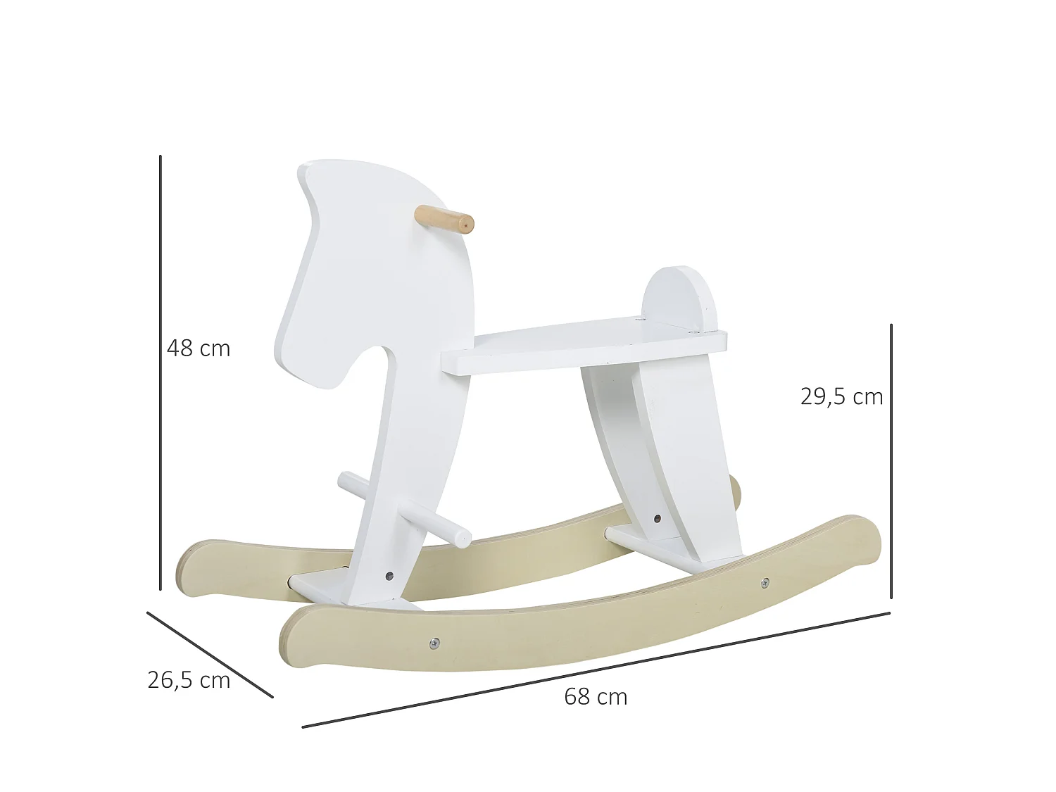 Cheval à bascule en bois - jeu à bascule bois - poignées repose-pied butées - MDF contreplaqué blanc bois naturel