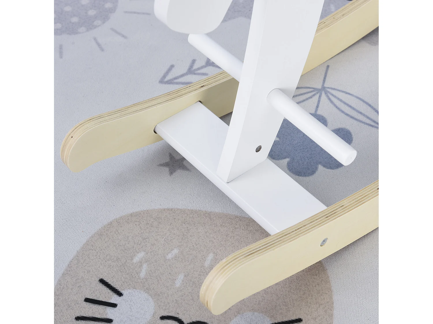 Cheval à bascule en bois - jeu à bascule bois - poignées repose-pied butées - MDF contreplaqué blanc bois naturel