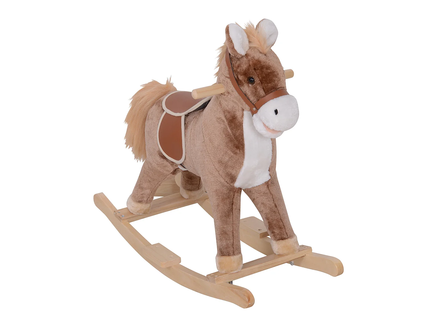 Cheval à bascule cheval de cowboy selle grand confort peluche courte douce bois peuplier marron