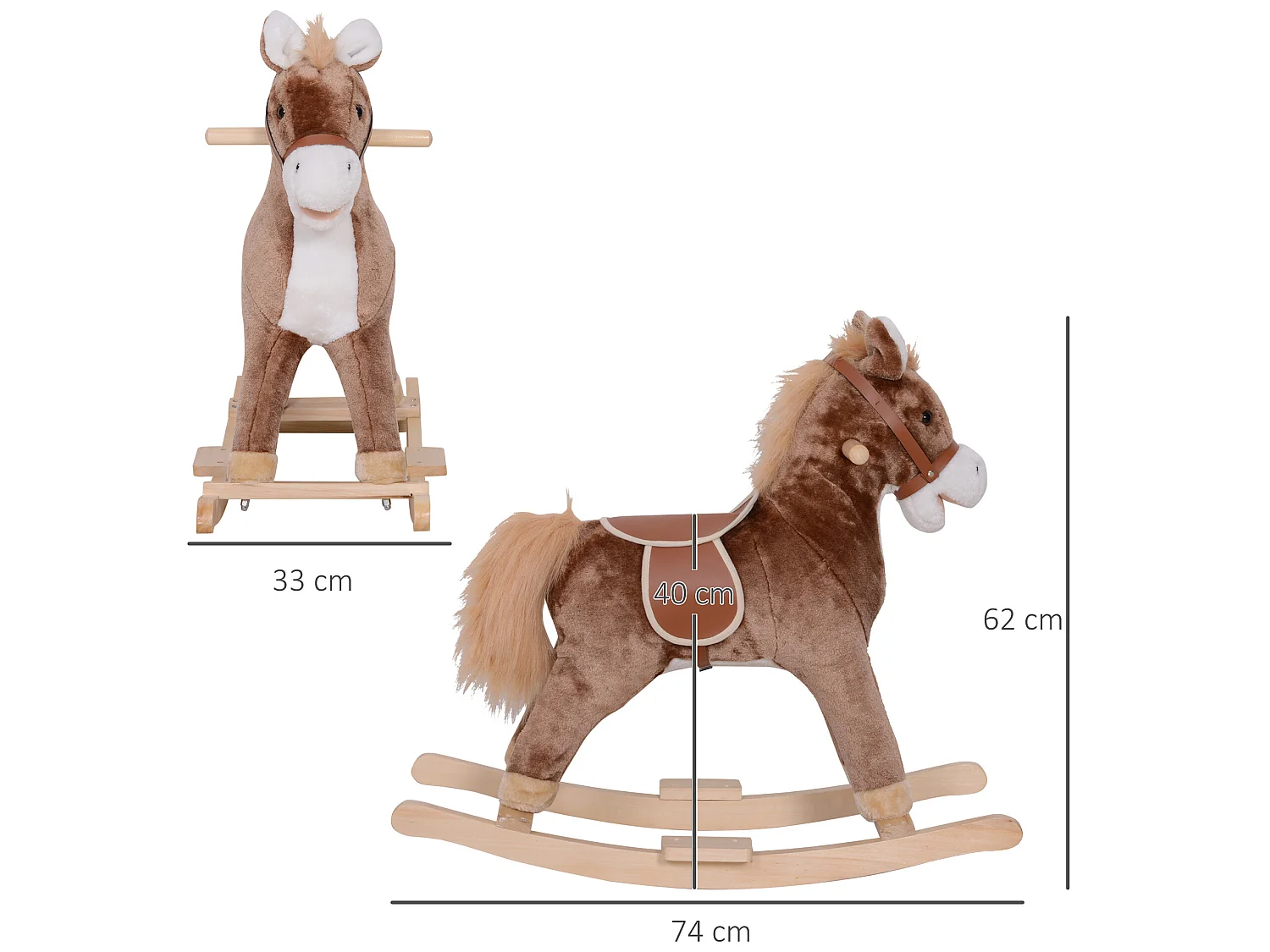Cheval à bascule cheval de cowboy selle grand confort peluche courte douce bois peuplier marron
