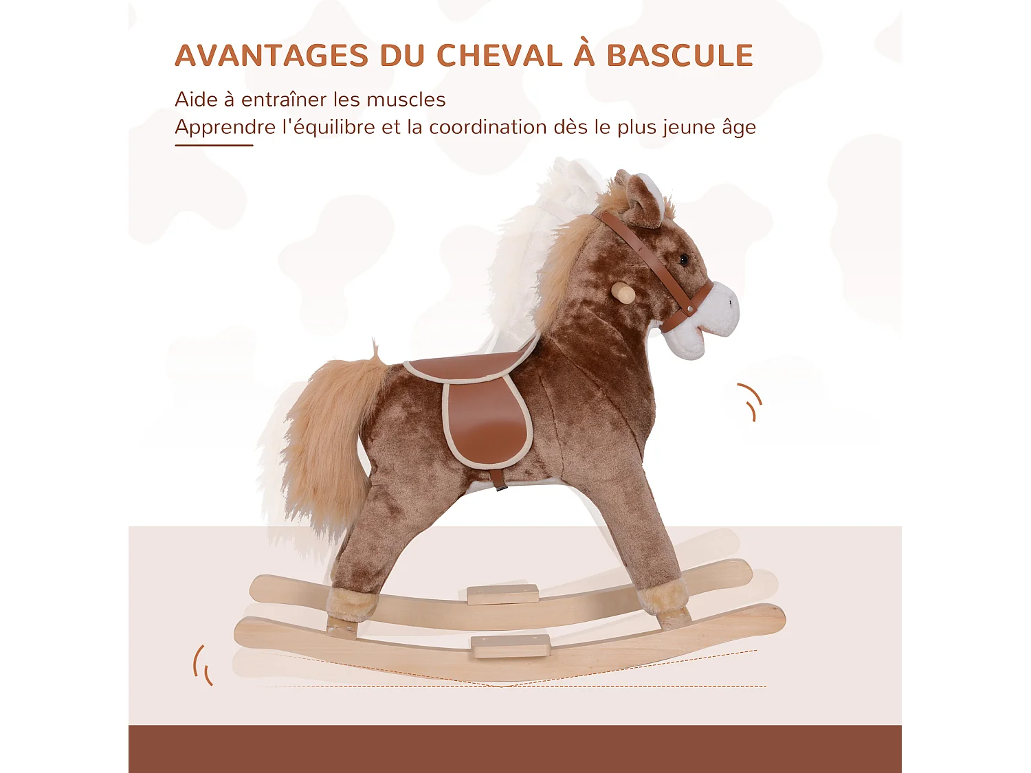 Cheval à bascule cheval de cowboy selle grand confort peluche courte douce bois peuplier marron
