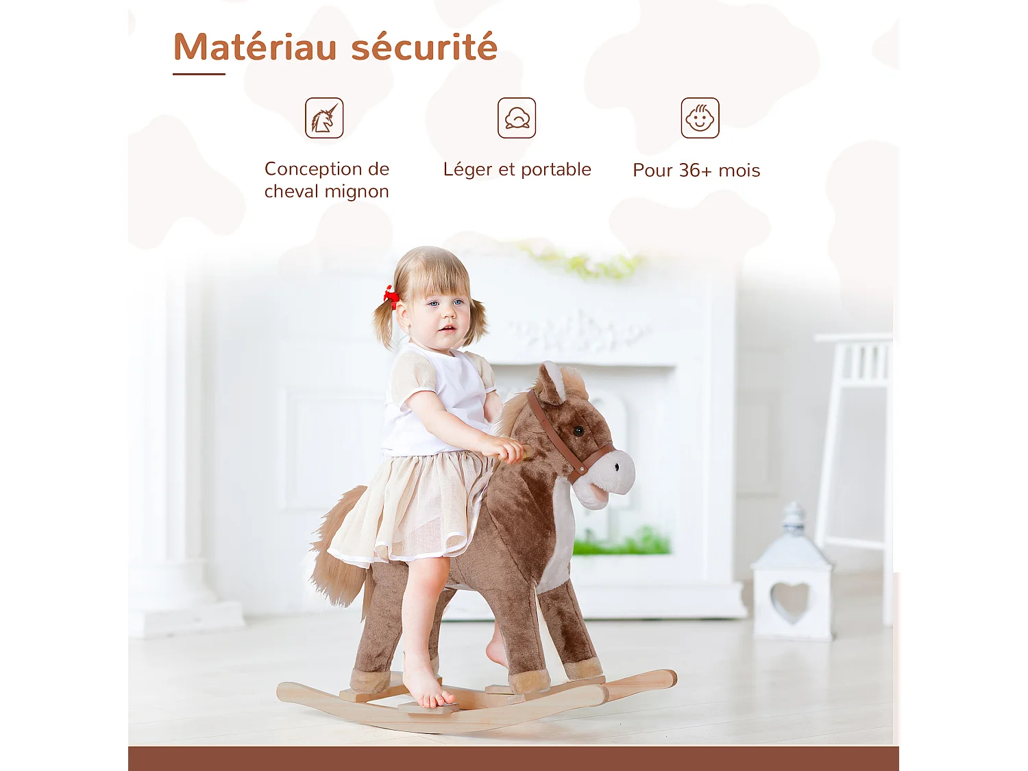 Cheval à bascule cheval de cowboy selle grand confort peluche courte douce bois peuplier marron