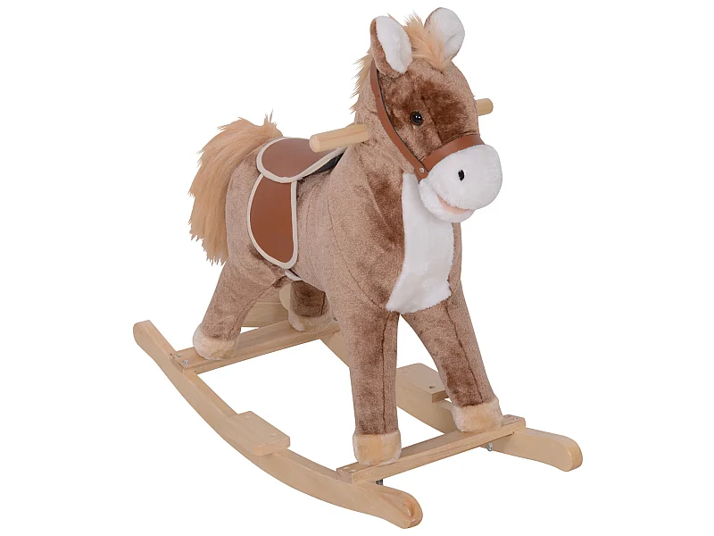 Cheval à bascule cheval de cowboy selle grand confort peluche courte douce bois peuplier marron