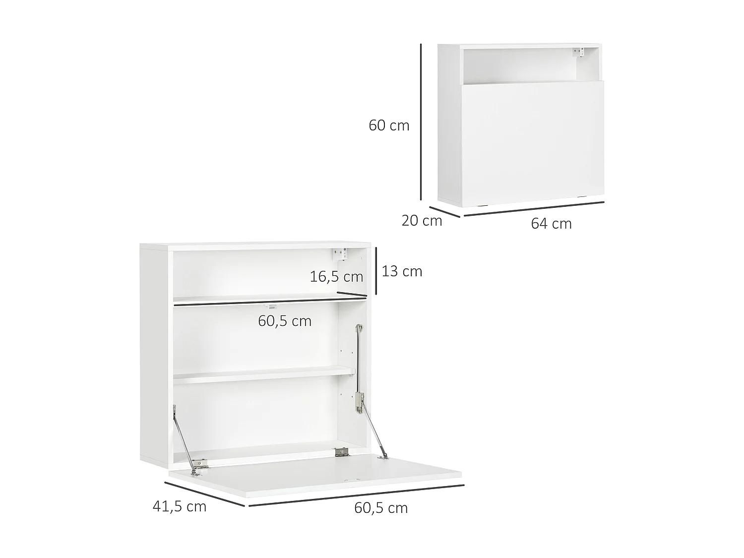 Bureau mural pliable - table murale rabattable - niche, 2 étagères - panneaux particules blanc