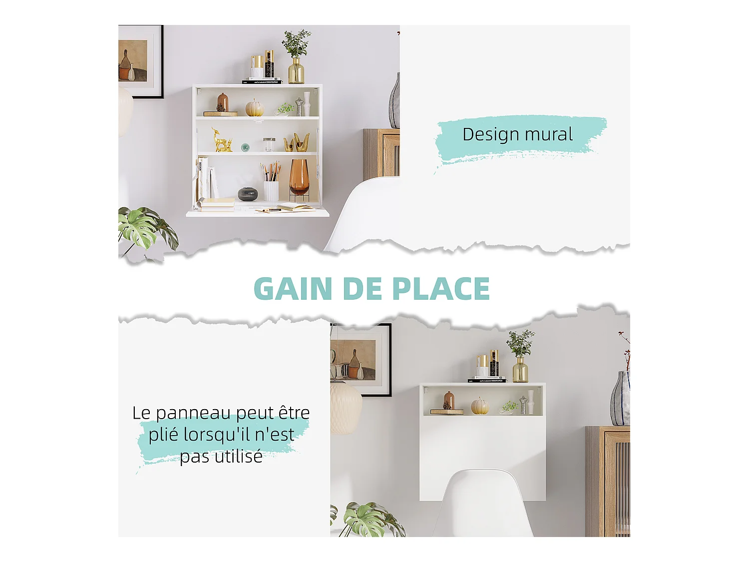 Bureau mural pliable - table murale rabattable - niche, 2 étagères - panneaux particules blanc