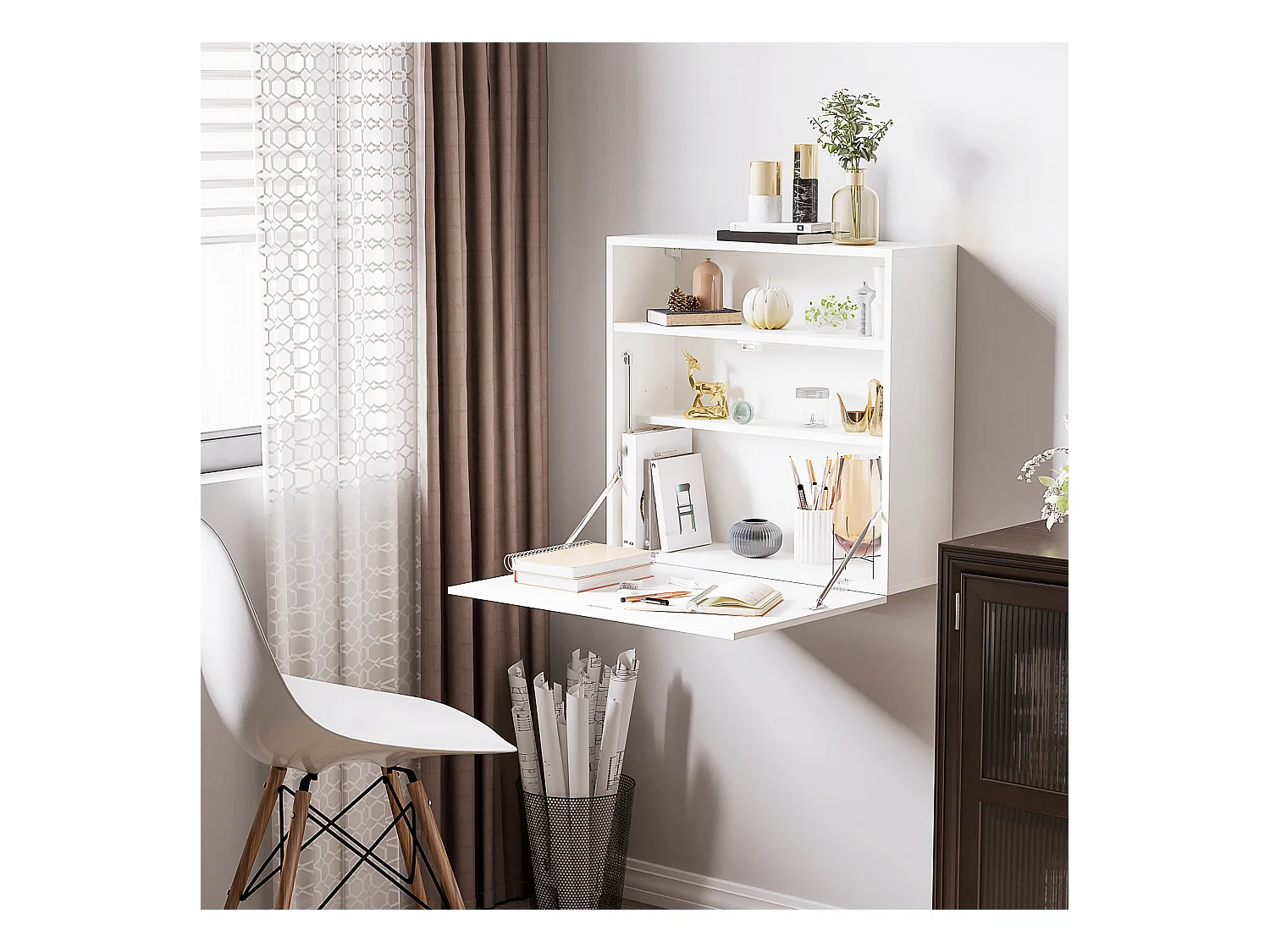 Bureau mural pliable - table murale rabattable - niche, 2 étagères - panneaux particules blanc
