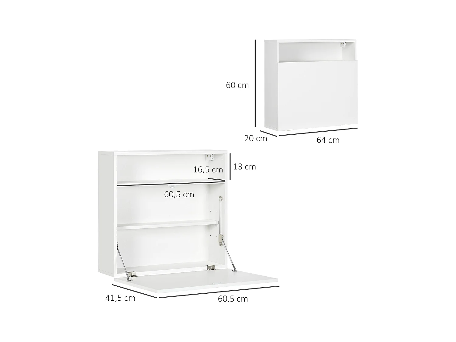 Bureau mural pliable - table murale rabattable - niche, 2 étagères - panneaux particules blanc