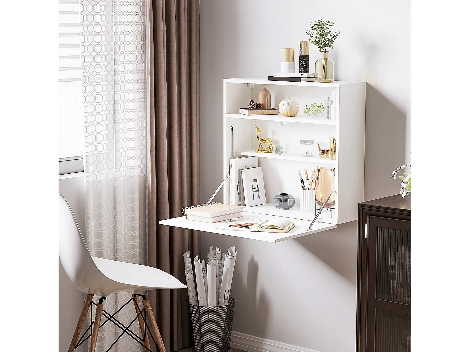 Bureau mural pliable - table murale rabattable - niche, 2 étagères - panneaux particules blanc