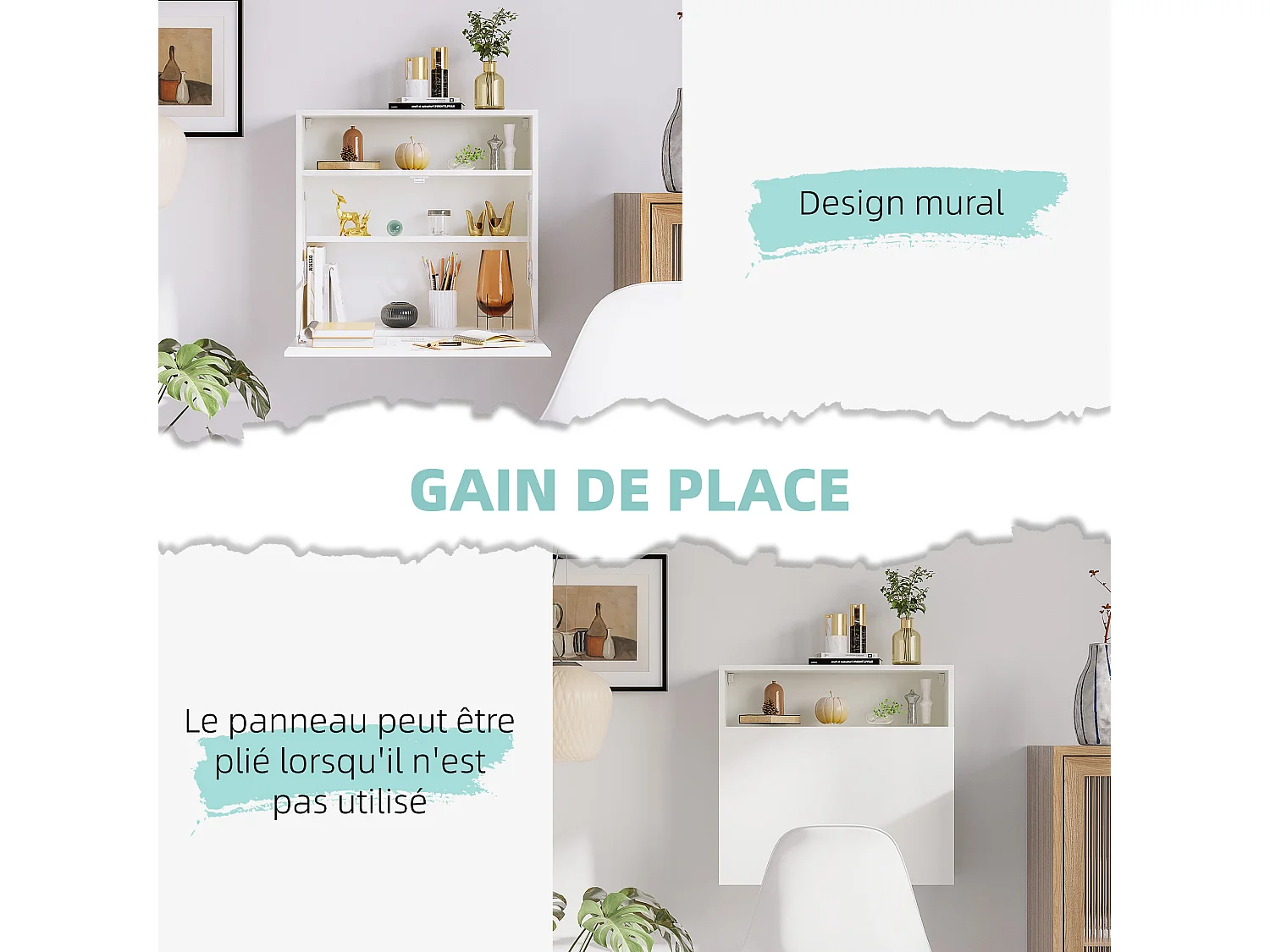 Bureau mural pliable - table murale rabattable - niche, 2 étagères - panneaux particules blanc