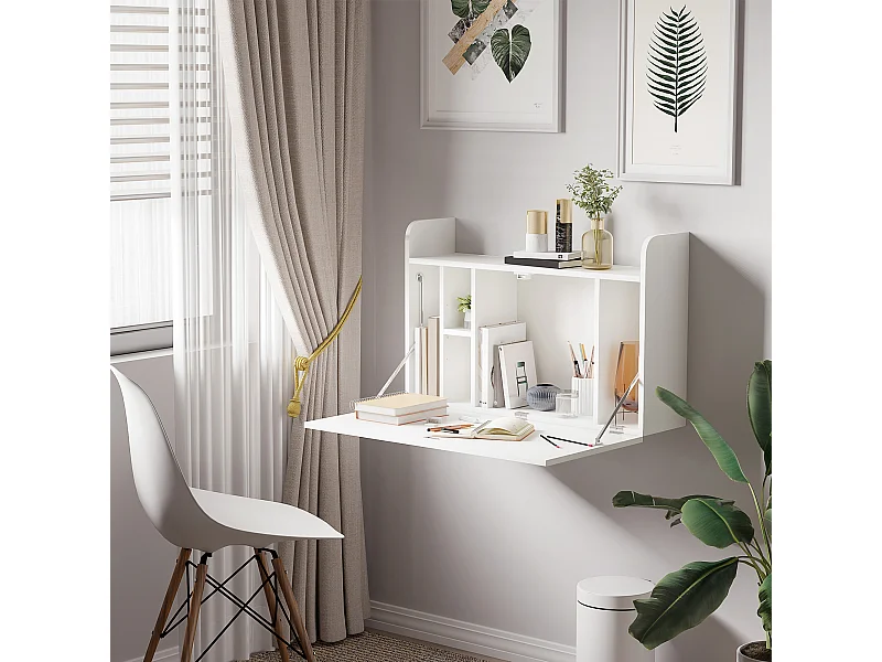 Bureau mural pliable - table murale rabattable - 5 niches, étagère - panneaux particules blanc