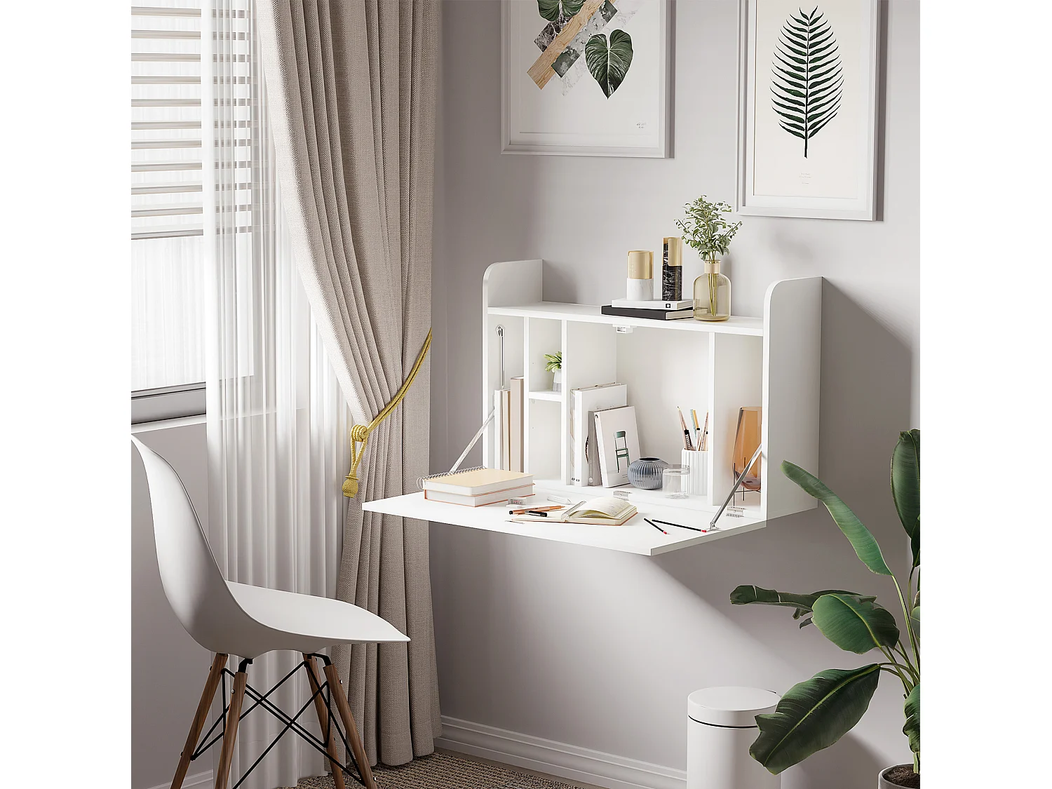 Bureau mural pliable - table murale rabattable - 5 niches, étagère - panneaux particules blanc